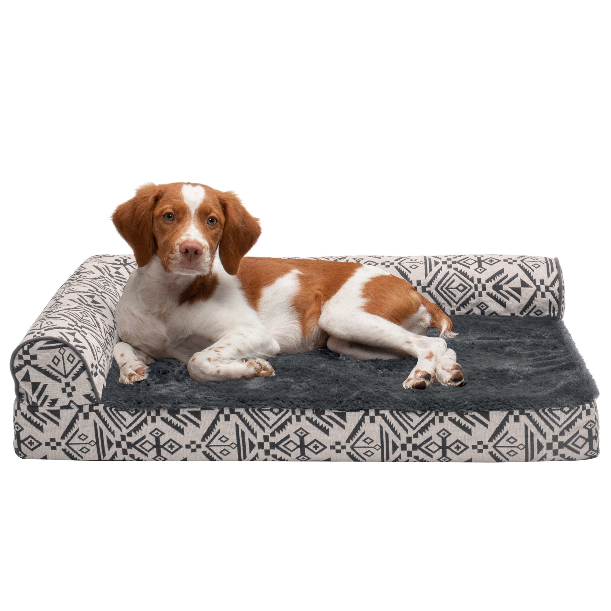 FurHaven | Deluxe Memory Foam Southwest Kilim L-Chaise Lounge Pet Bed for Dogs and Cats， Boulder Gray， Medium