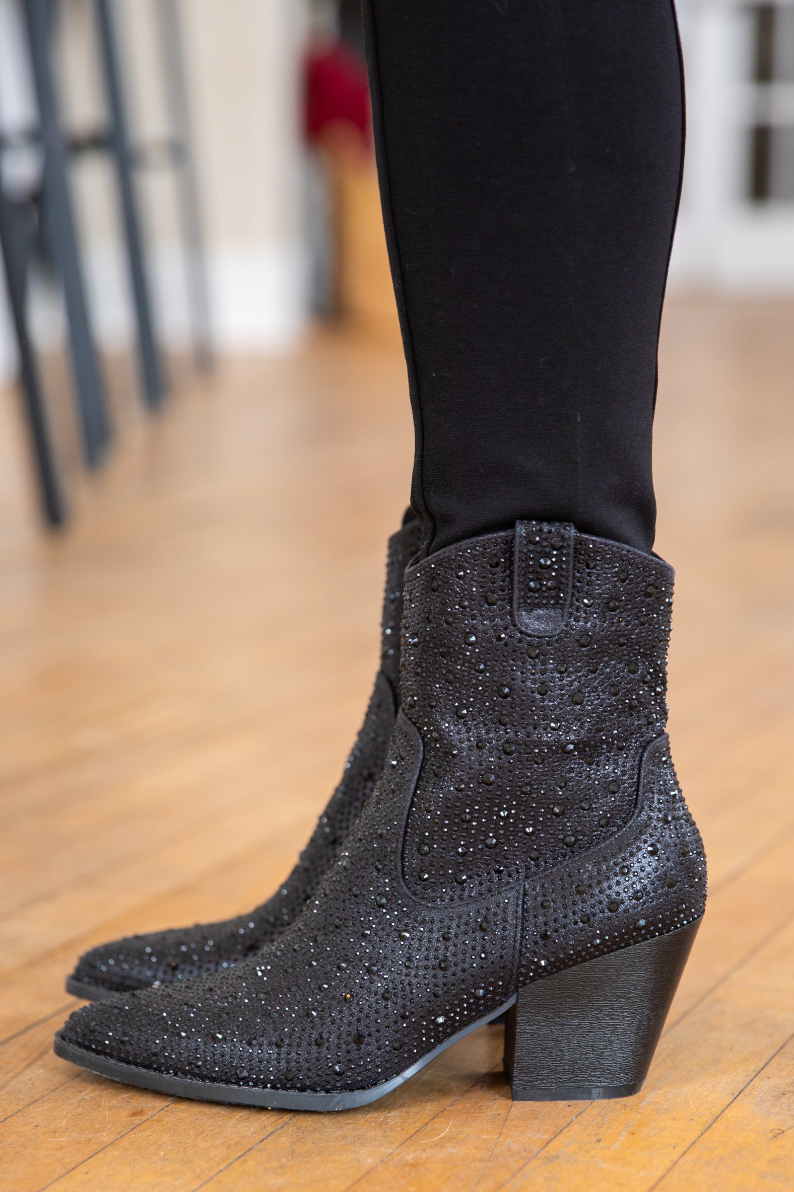 Black Point Toe Booties With Rhinestones