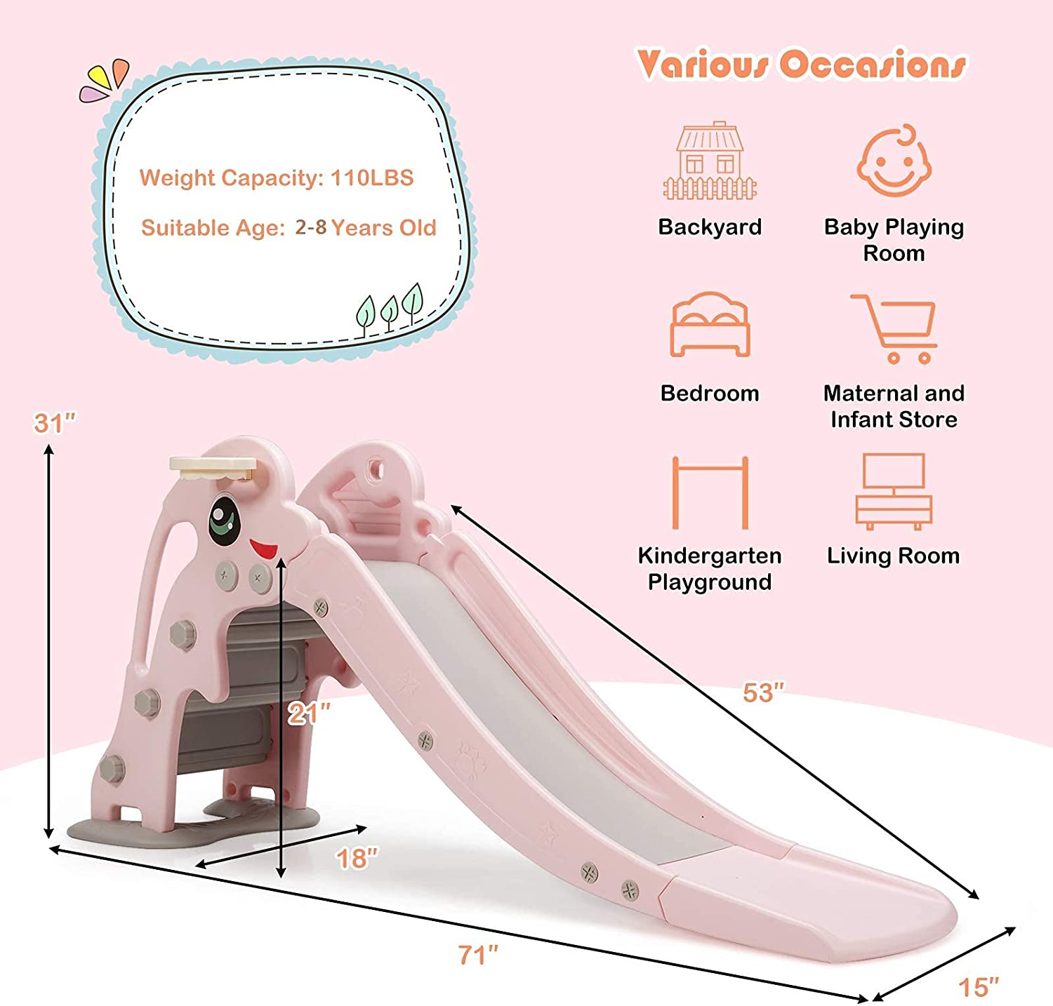 3 in 1 Slide for Kids， Toddler Large Play Climber Slide PlaySet with Extra Long Slipping Slope， Basketball Hoop， Ideal Gift for Boys and Girls Indoor Outdoor Use (Pink Dolphin)
