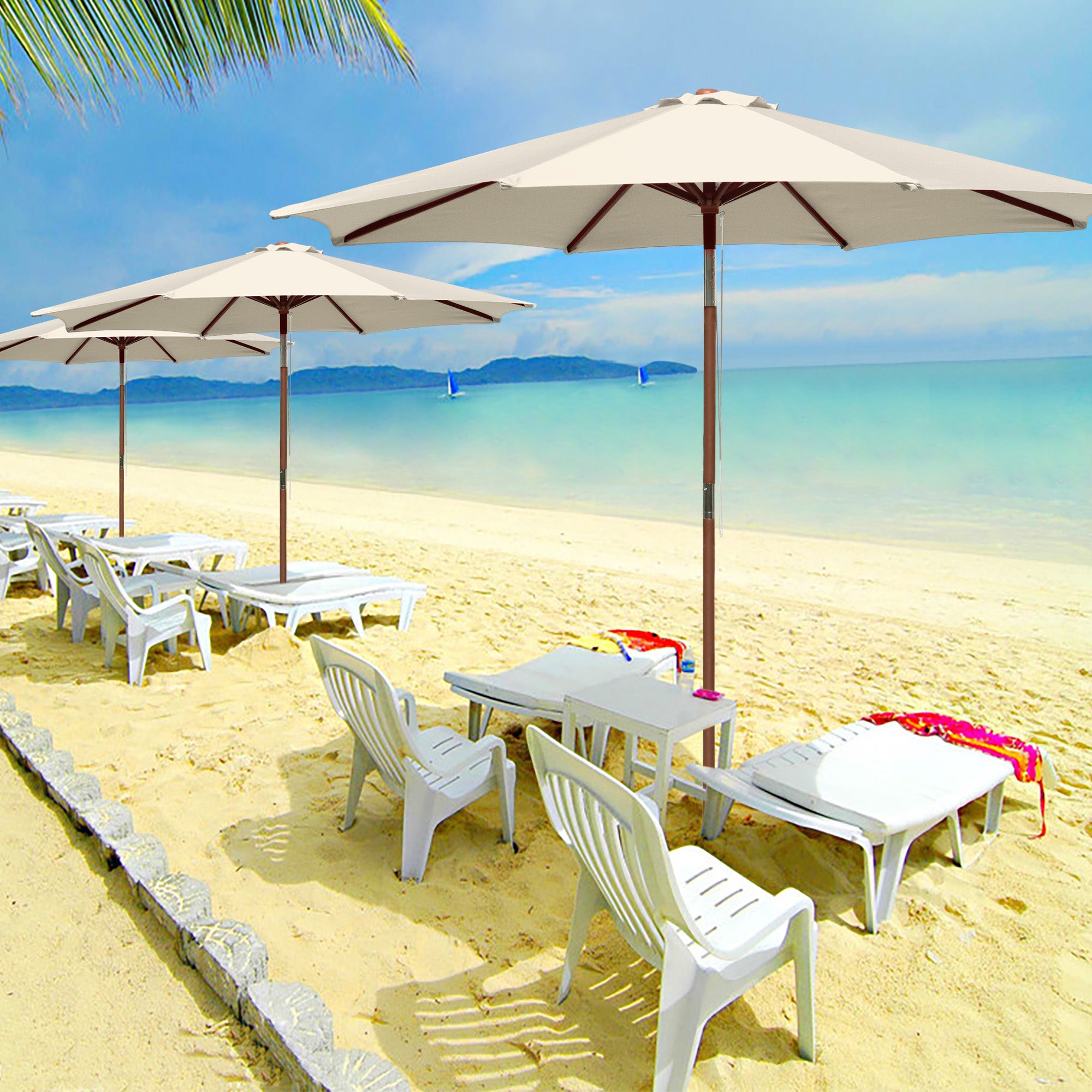 LAGarden 9 Ft Wooden Patio Umbrella 8 Ribs Easy Tilt Table Parasol Outdoor Backyard Pool