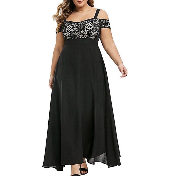 Women's Plus Size Party Dress Solid Color Off Shoulder Lace Short Sleeve Winter Spring Vintage Sexy Prom Dress Maxi long Dress Party Dress / Summer / Black Dress / Homecoming Dress
