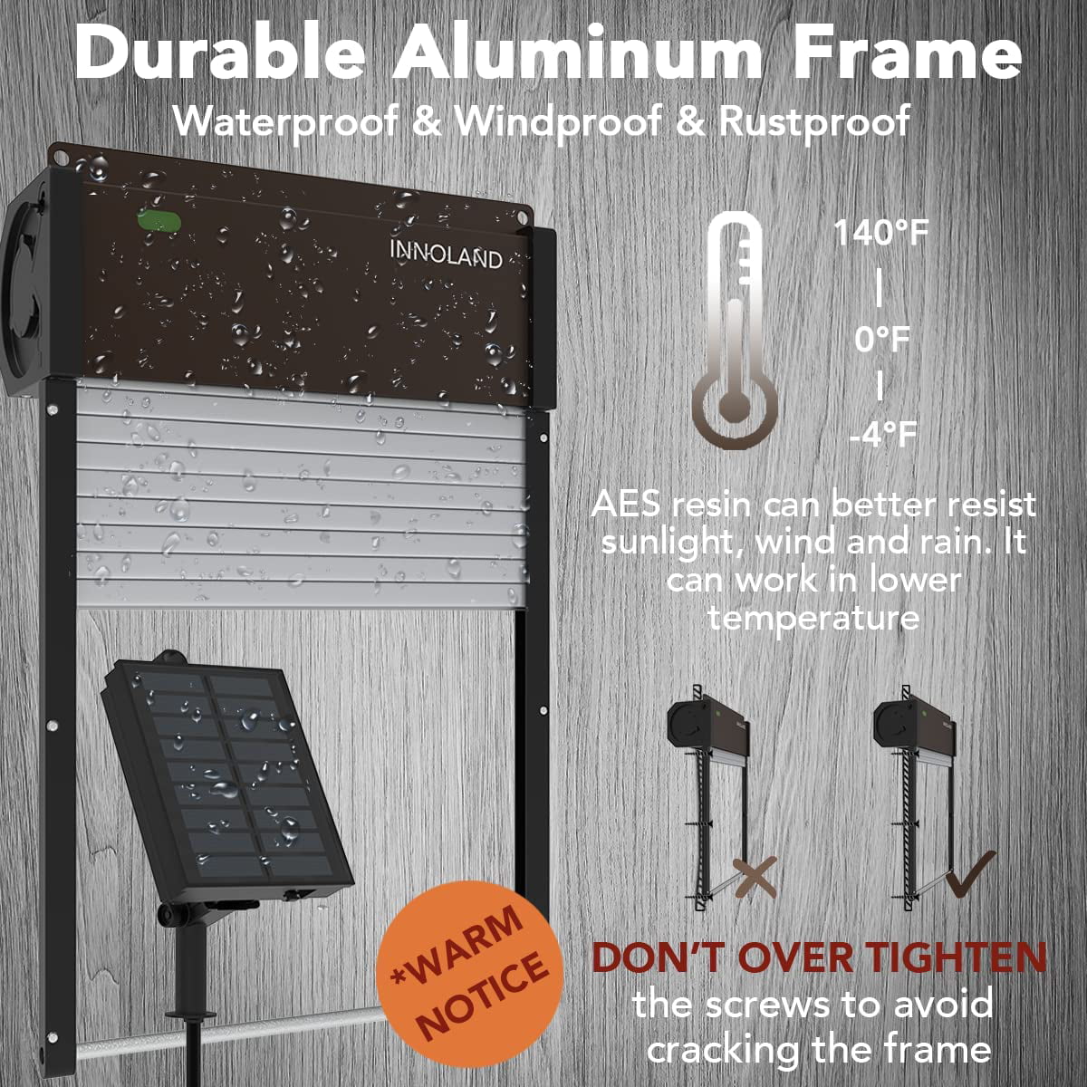 INNOLAND Automatic Chicken Coop Door Solar Powered， Aluminum Frame with Light-Weight AES Roller Shutter， Light Sensor， Daily Programmable Timer， Remote Control