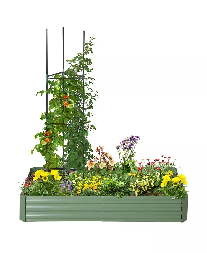 Outsunny Raised Garden Bed， Galvanized Elevated Planter Box with 2 Customizable Trellis Tomato Cages， Reinforced Rods， Elevated Metal for Climbing Vin