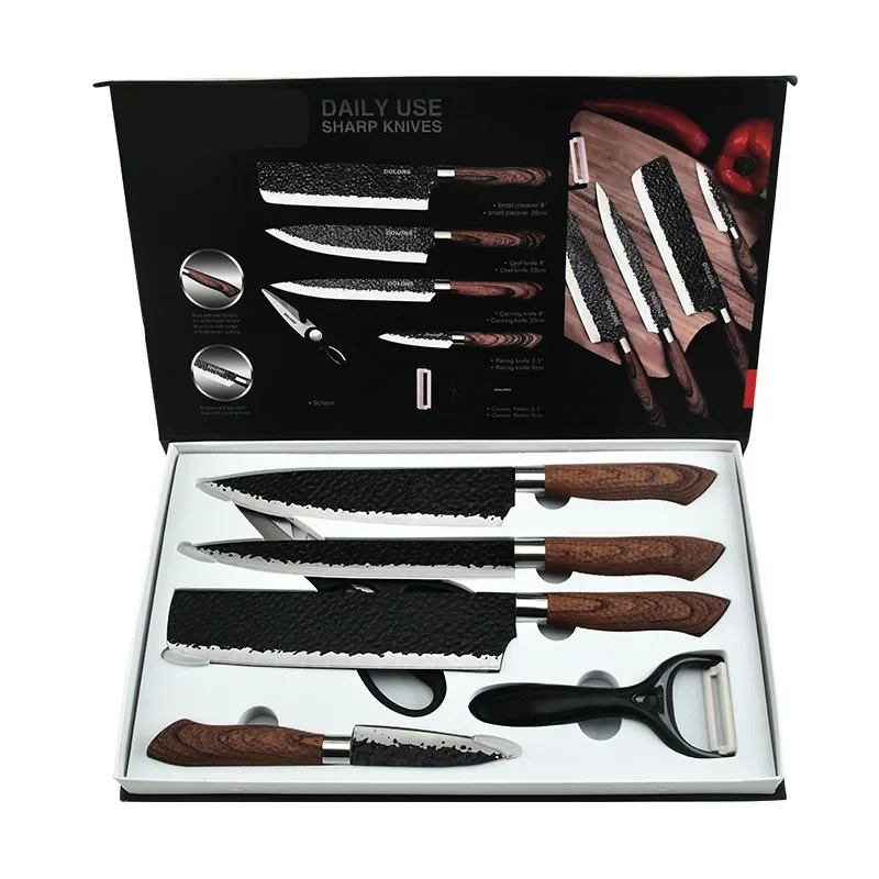Kit de 4 Facas Chef Imperial™ com Lâminas de Aço Forjado e Design Martelado / Alta Performance, Durabilidade e Elegância com Tesoura Multiuso e Descascador de Brinde!