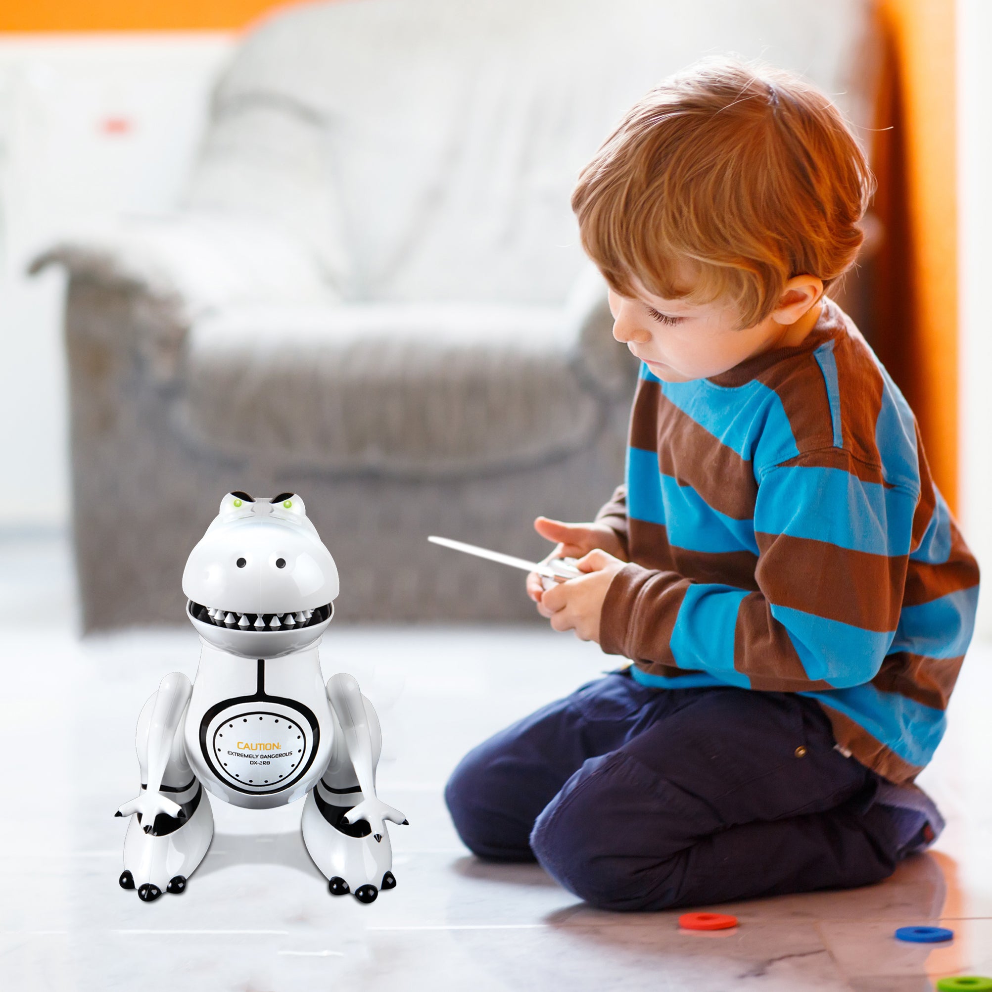 Sharper Image Interactive RC Robotosaur Dinosaur， Built-in Mood Sensors and Color-Changing LED Eyes， Motion Detection， Growls， Snores， Battery Operated- White/Black