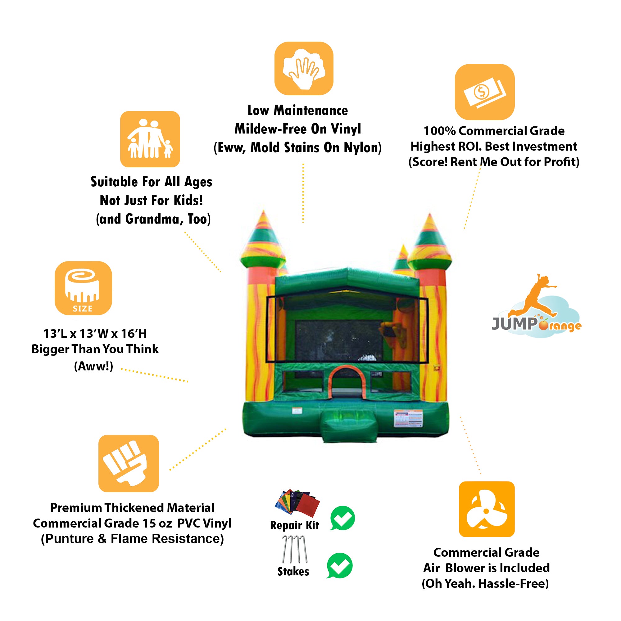 JumpOrange Castle Commercial Grade Bounce House Inflatable 13'x13' (with Blower)， for Kids and Adults， 100% PVC Vinyl， Outdoor Indoor Use