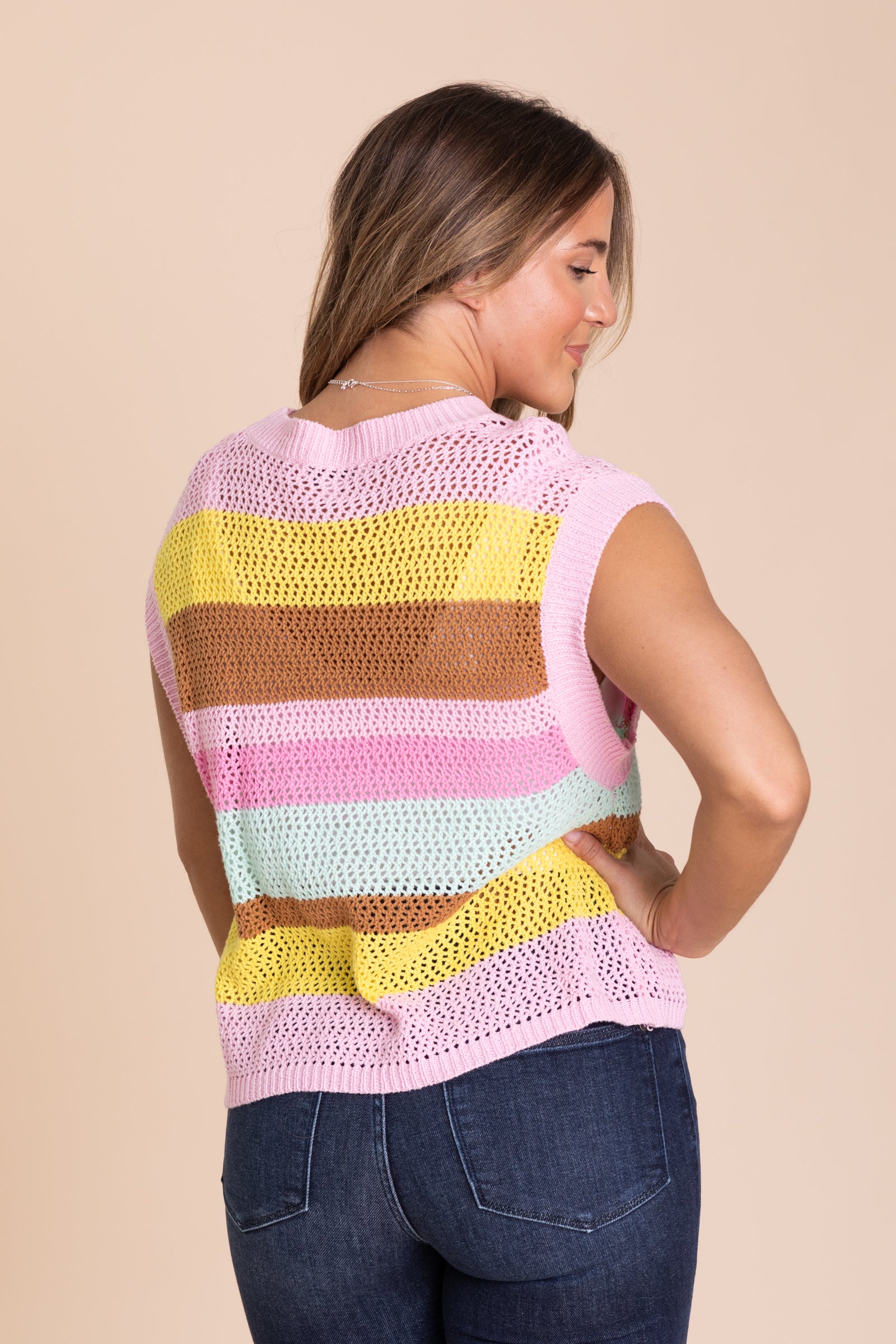 Pink Crochet Multi Stripe Knit Sweater Top