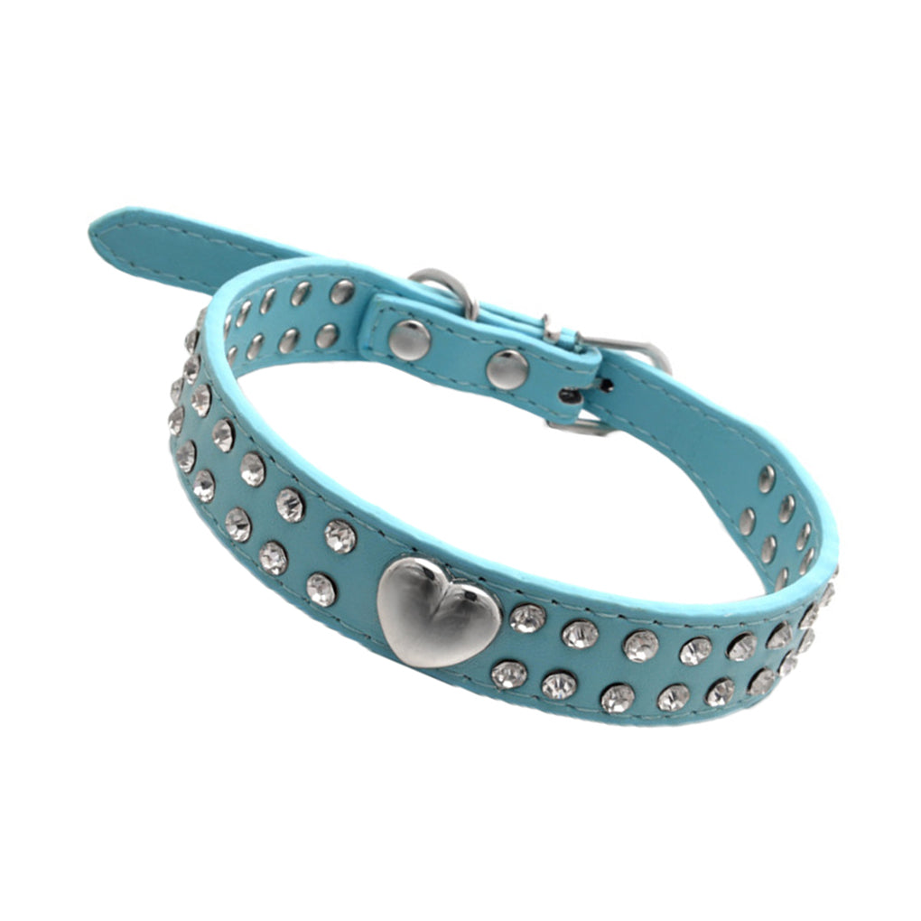 Pet Collar Rhinestones Crystal Heart PU Leather Pet Necklace Jewelry Holiday Gift，Blue，XXS