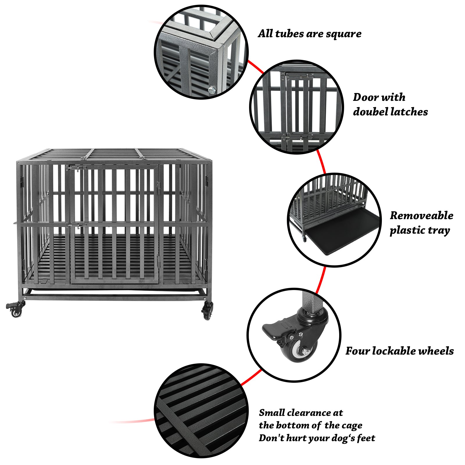 Confote 37Inch Heavy Duty Dog Kennel Strong Metal Dog Cage Pet Crate for Small and Medium Dogs with Four Lockable Wheels， Removeable Tray(Stretching Install)