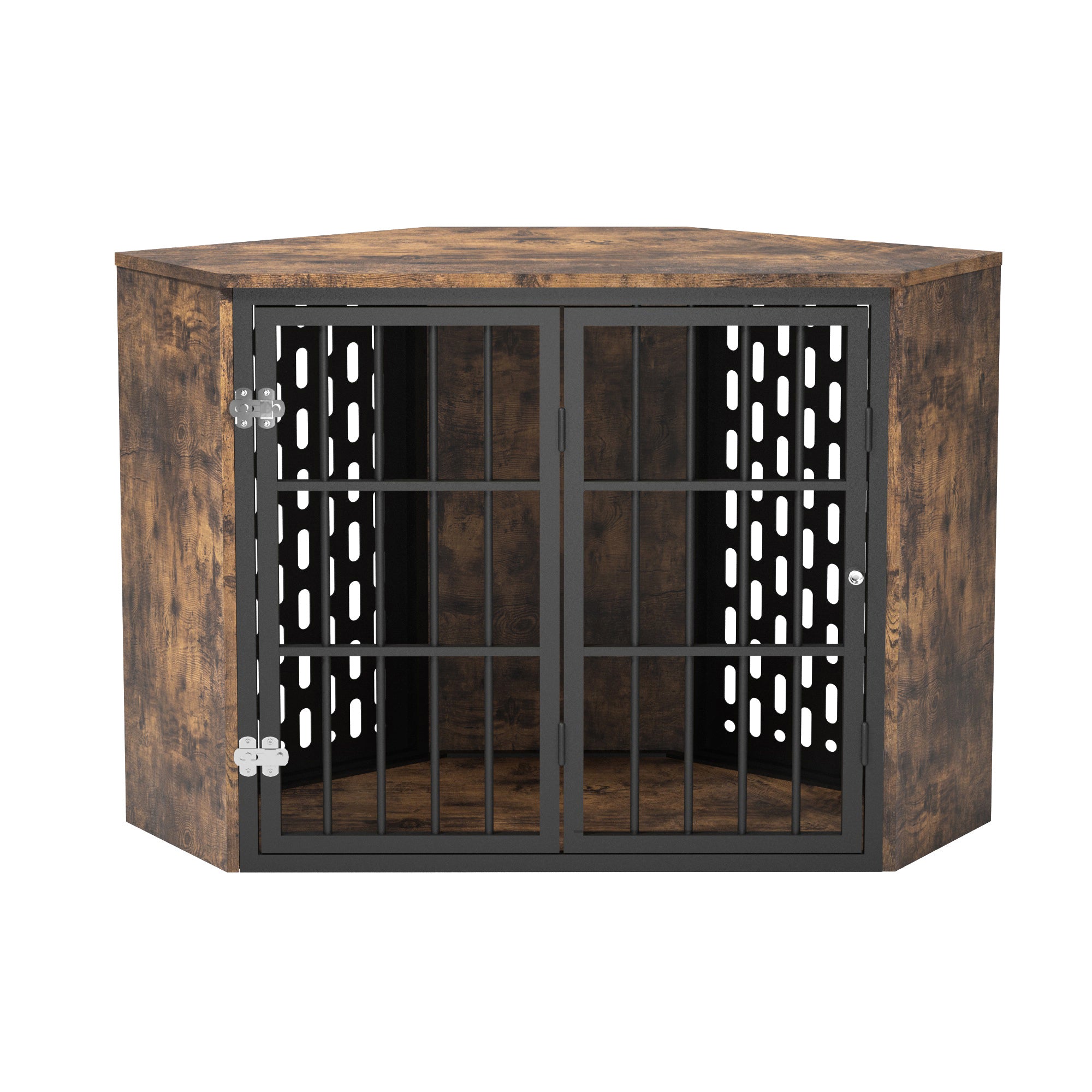 Corner Dog Crate Furniture for Small to Medium Dog， Wood Dog Kennel for Trained Dogs， Rustic Brown