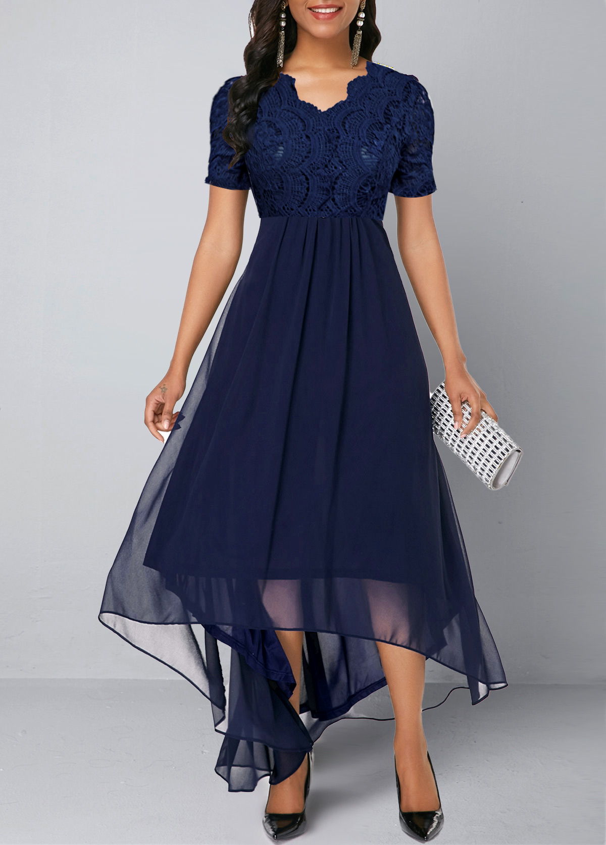 Chiffon Lace Stitching Asymmetric Hem Navy Blue Dress
