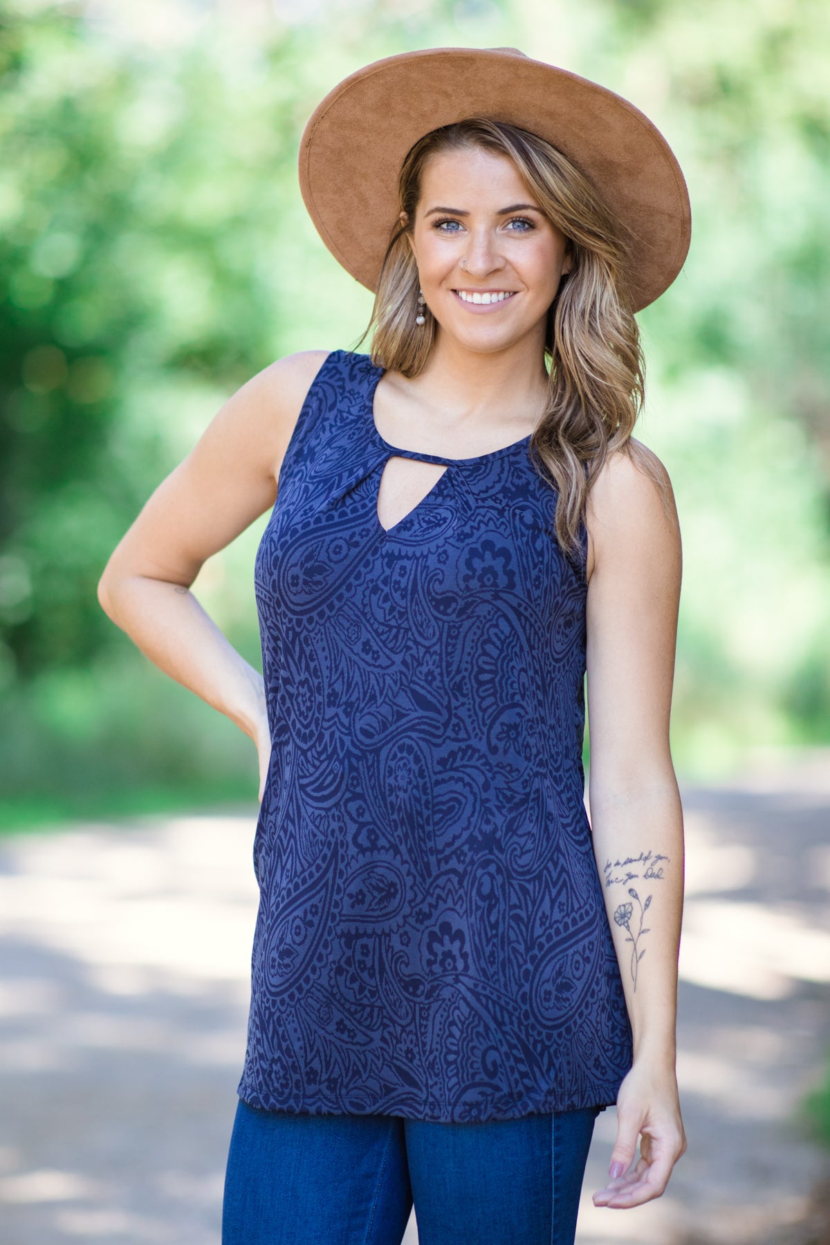 Navy Tonal Paisley Print Tank