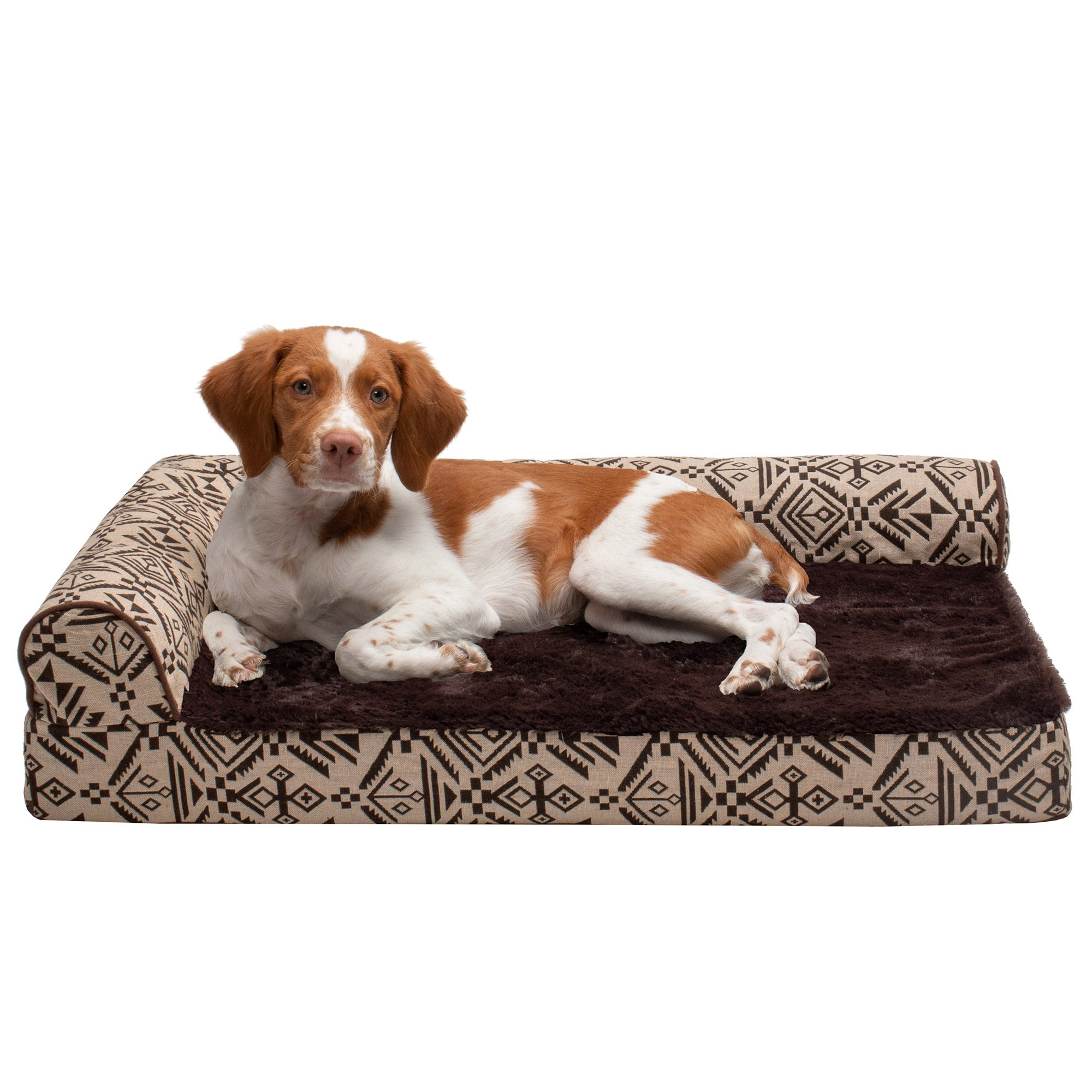 FurHaven | Deluxe Memory Foam Southwest Kilim L-Chaise Lounge Pet Bed for Dogs and Cats， Desert Brown， Medium