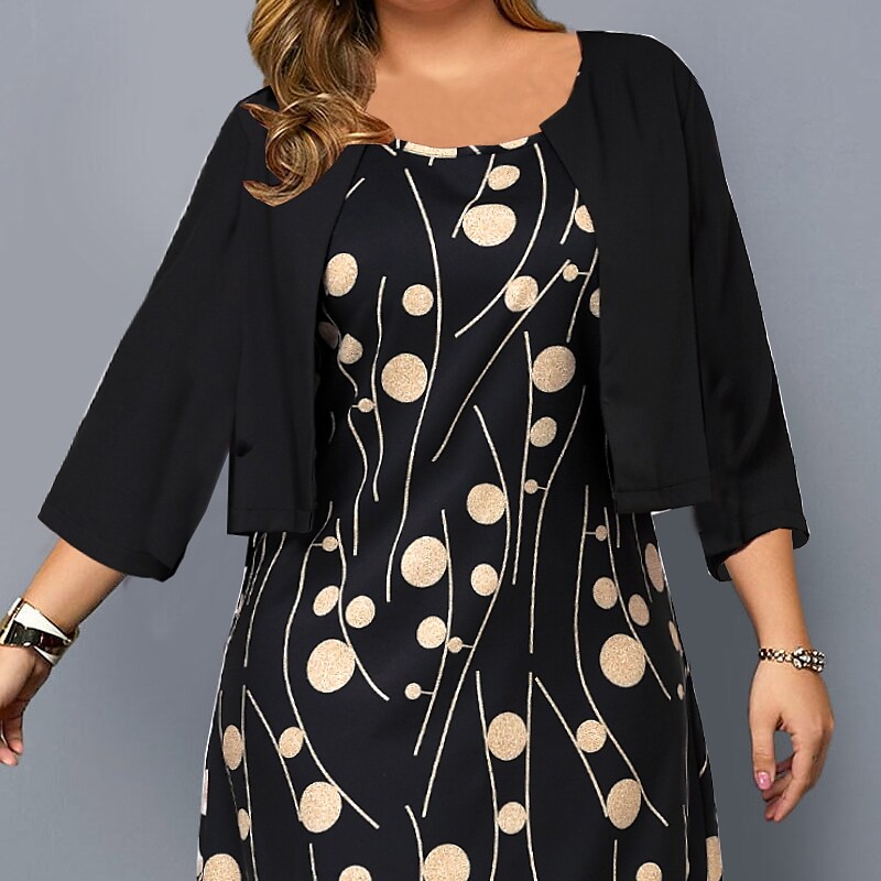 Women's Plus Size Dress Set Polka Dot Crew Neck 3/4 Length Sleeve Work Dress
