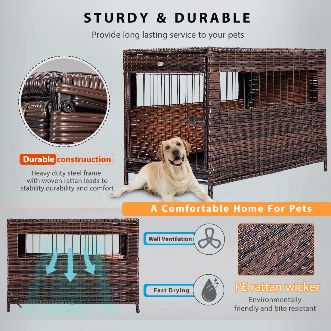 DEStar Heavy Duty PE Rattan Wicker Pet Dog Cage Crate Indoor Outdoor Puppy House Shelter with Removable Tray and UV Resistant Cover (Medium - 23
