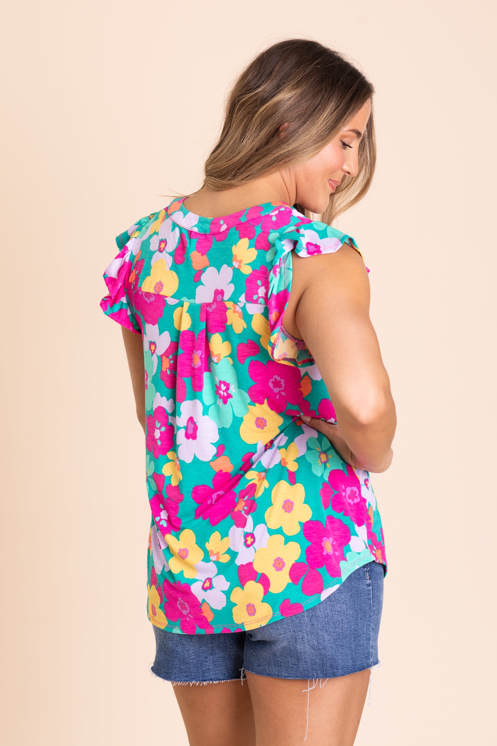 Jade Floral Ruffle Sleeve Wrinkle Free Top