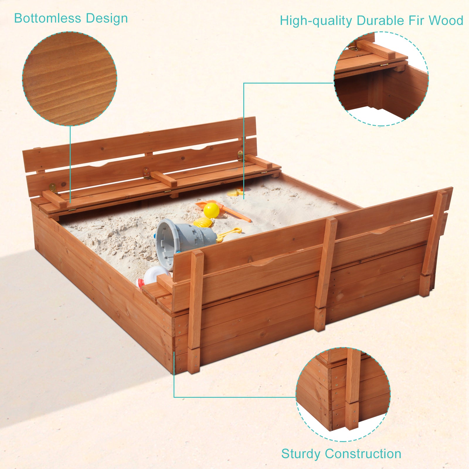 JOYMOR 47x47inch Kids Large Wooden Sandbox with Bench Seats， Children Outdoor Playset， Outdoor Cedar Sandbox with Bottom Liner， Convertible Square Sandbox for Backyard， Home， Lawn