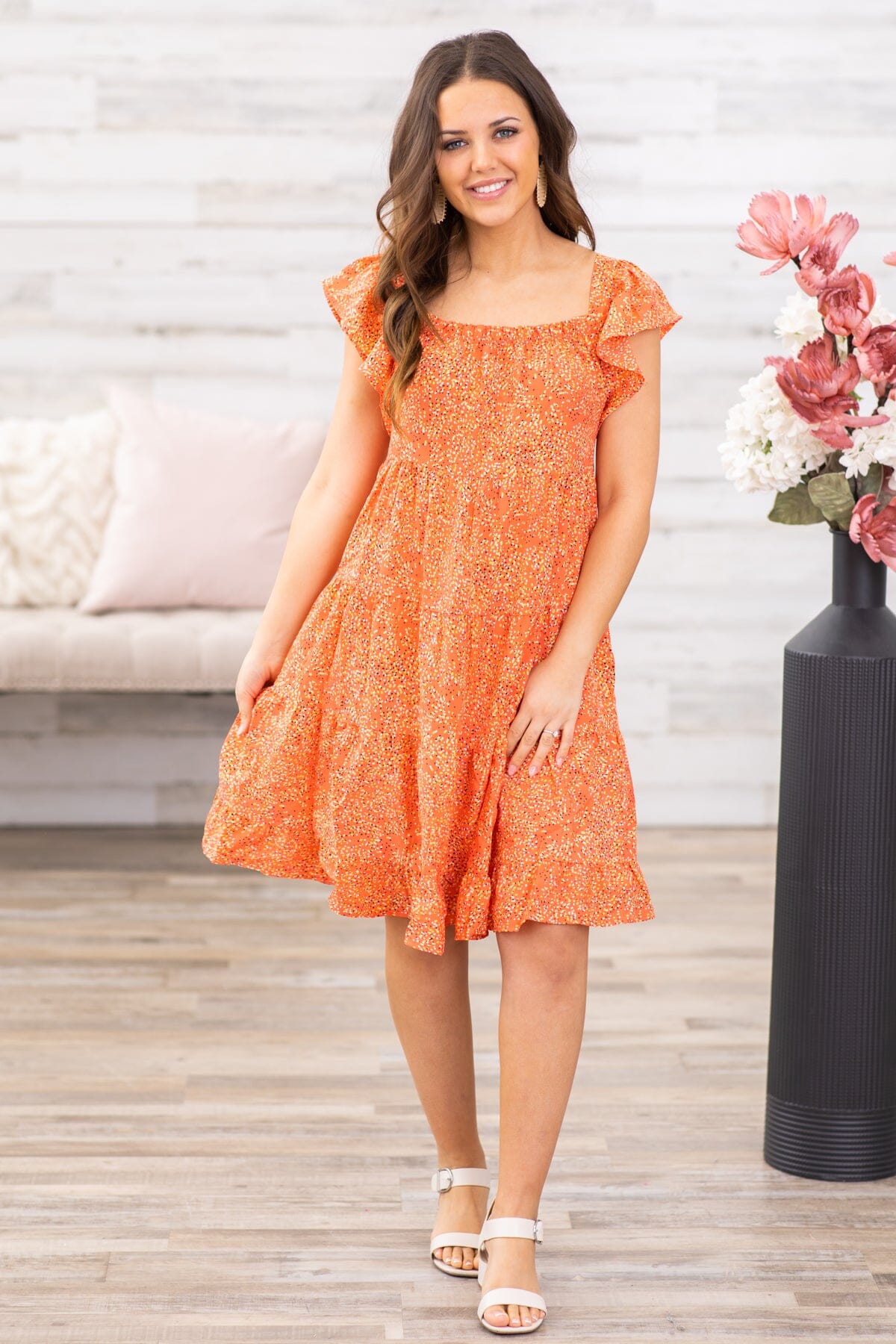 Orange Ditsy Floral Flutter Sleeve Dress