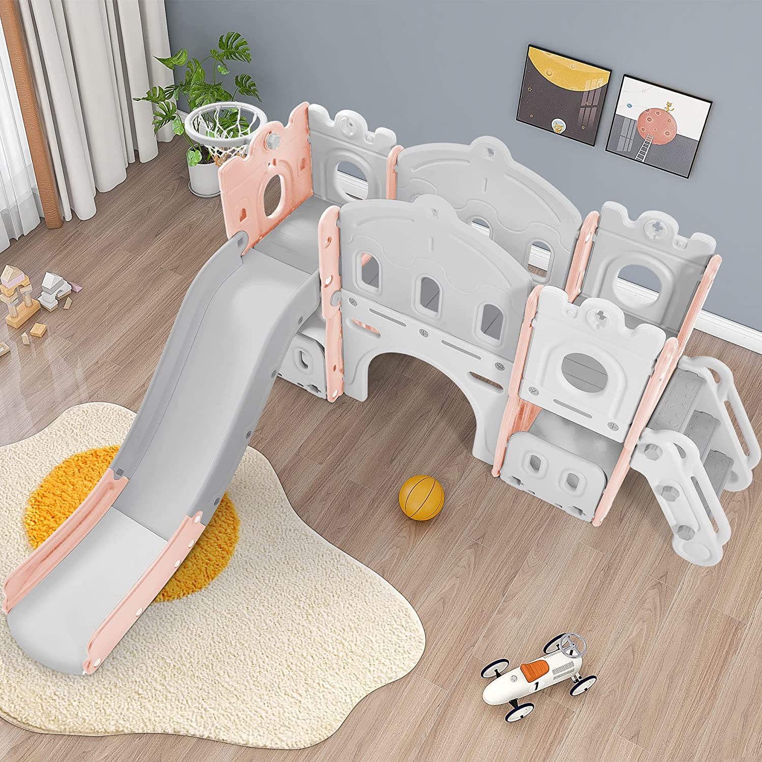 Track 7 Kids Slide 6-in-1，Kids Playground Slide with Climber，Basketball Hoop，Tunnel and Storage Space，Outdoor Indoor Slide Playset for Toddlers Age 1+，Pink