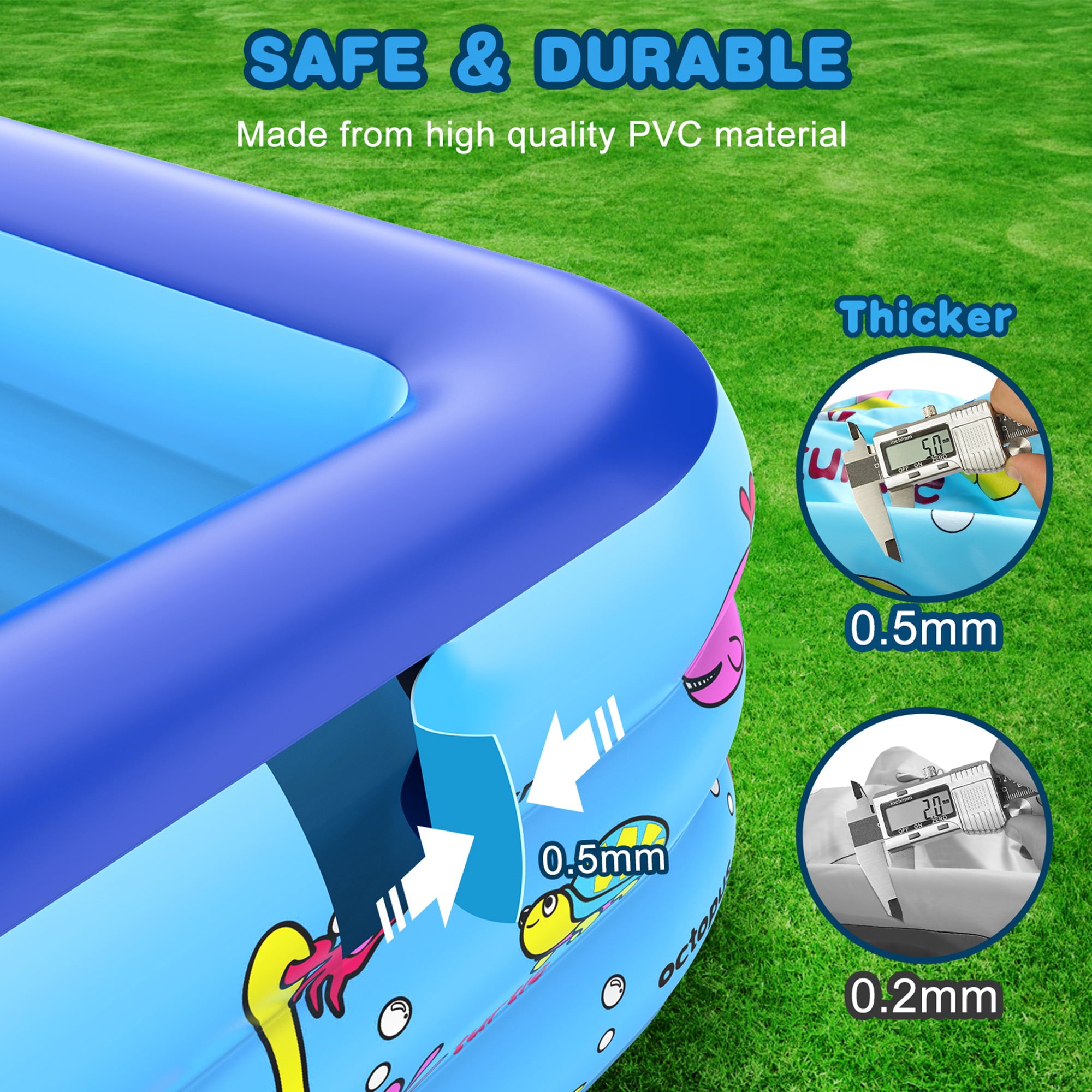 Growsly Summer Pool For Kid 3 Rings Large Inflatable Rectangle Swim Pool， Inflatable Swim Pool， 59