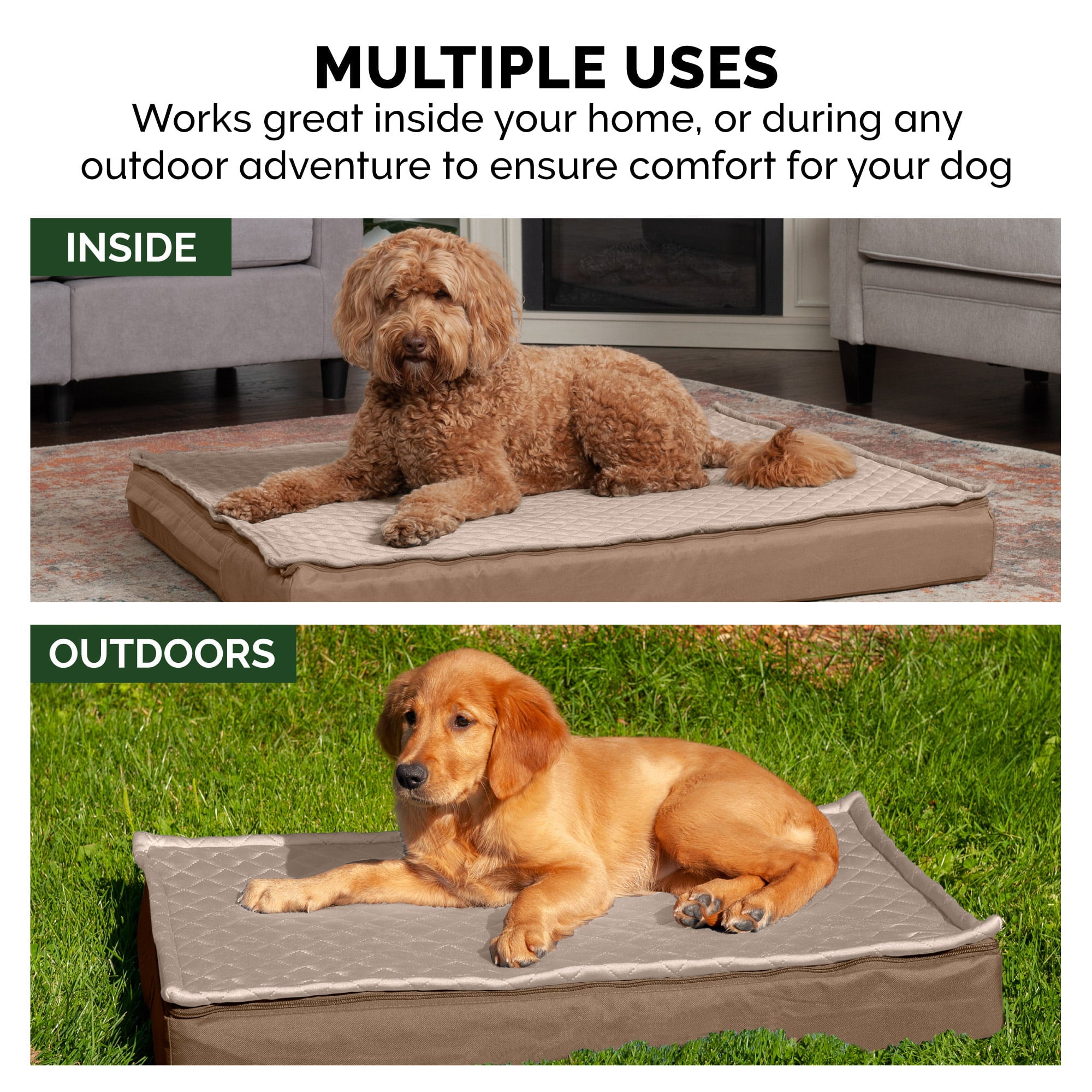 FurHaven Pet Products | Cooling Infused Memory Foam Orthopedic Quilt Top Convertible Indoor， Outdoor Water-Resistant Bed for Dogs and Cats， Sand， Jumbo Plus