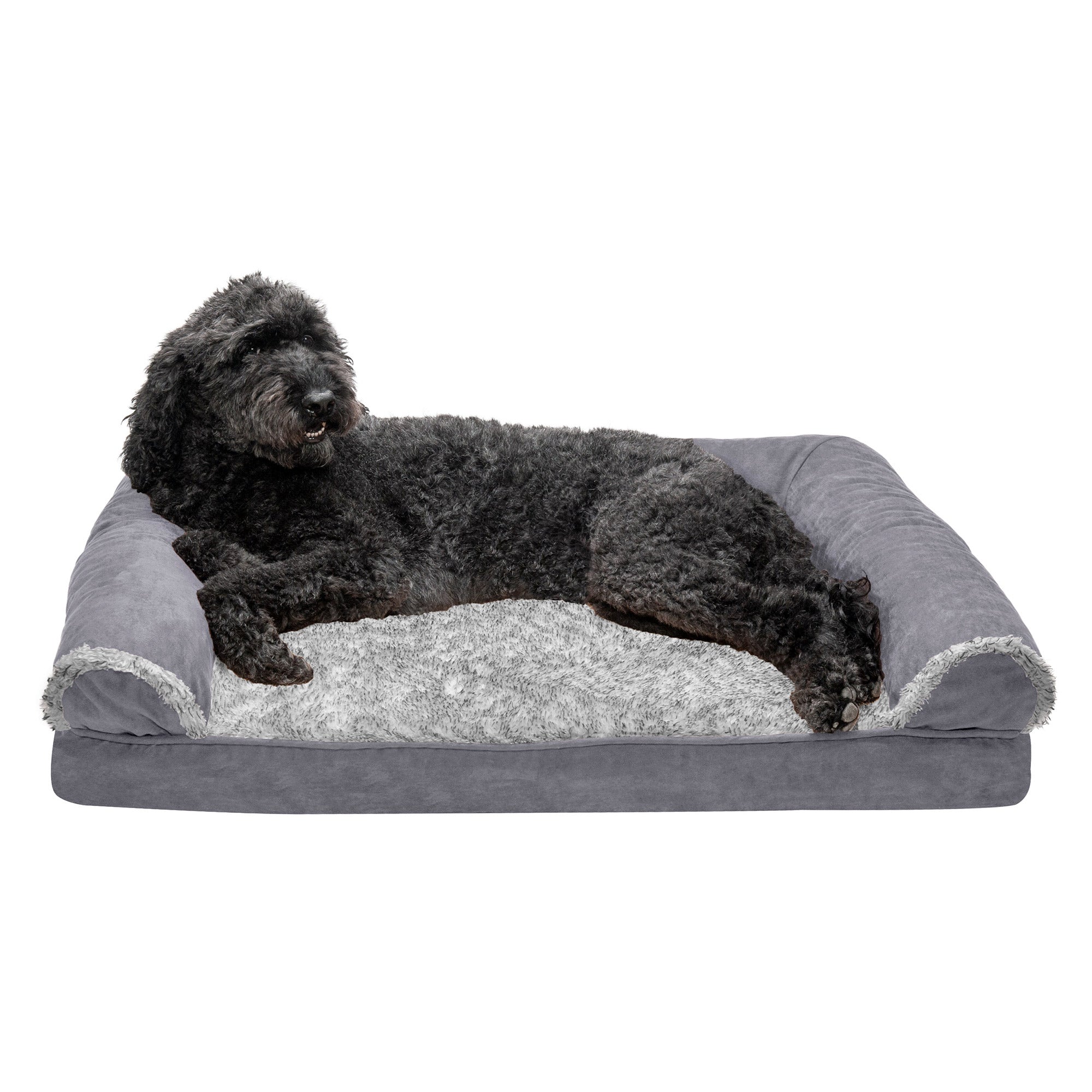 FurHaven Pet Products | Memory Foam Two-Tone Faux Fur and Suede Sofa-Style Couch Pet Bed for Dogs and Cats， Stone Gray， Large