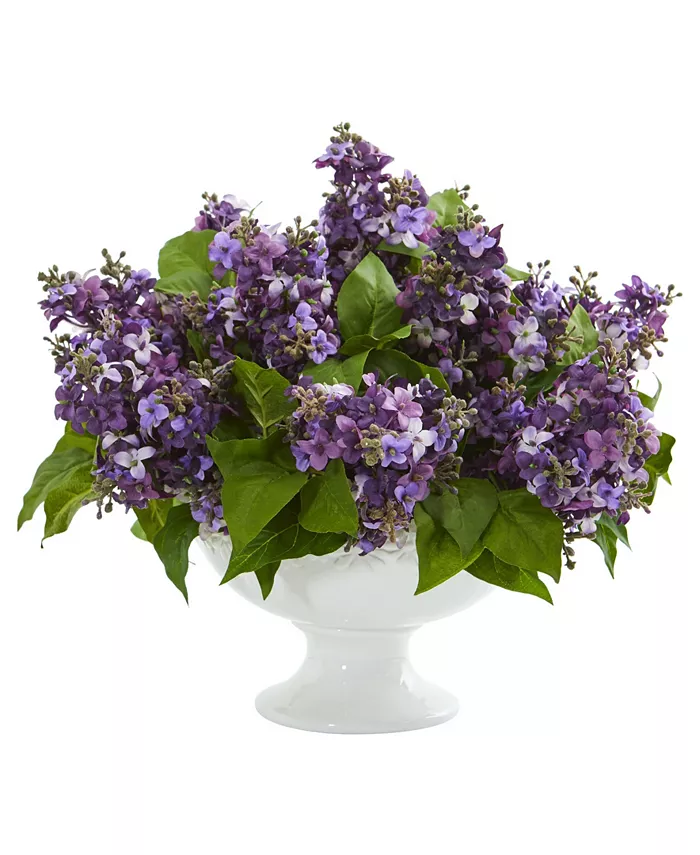 Nearly Natural Lilac Artificial Arrangement in White Pedestal Vase