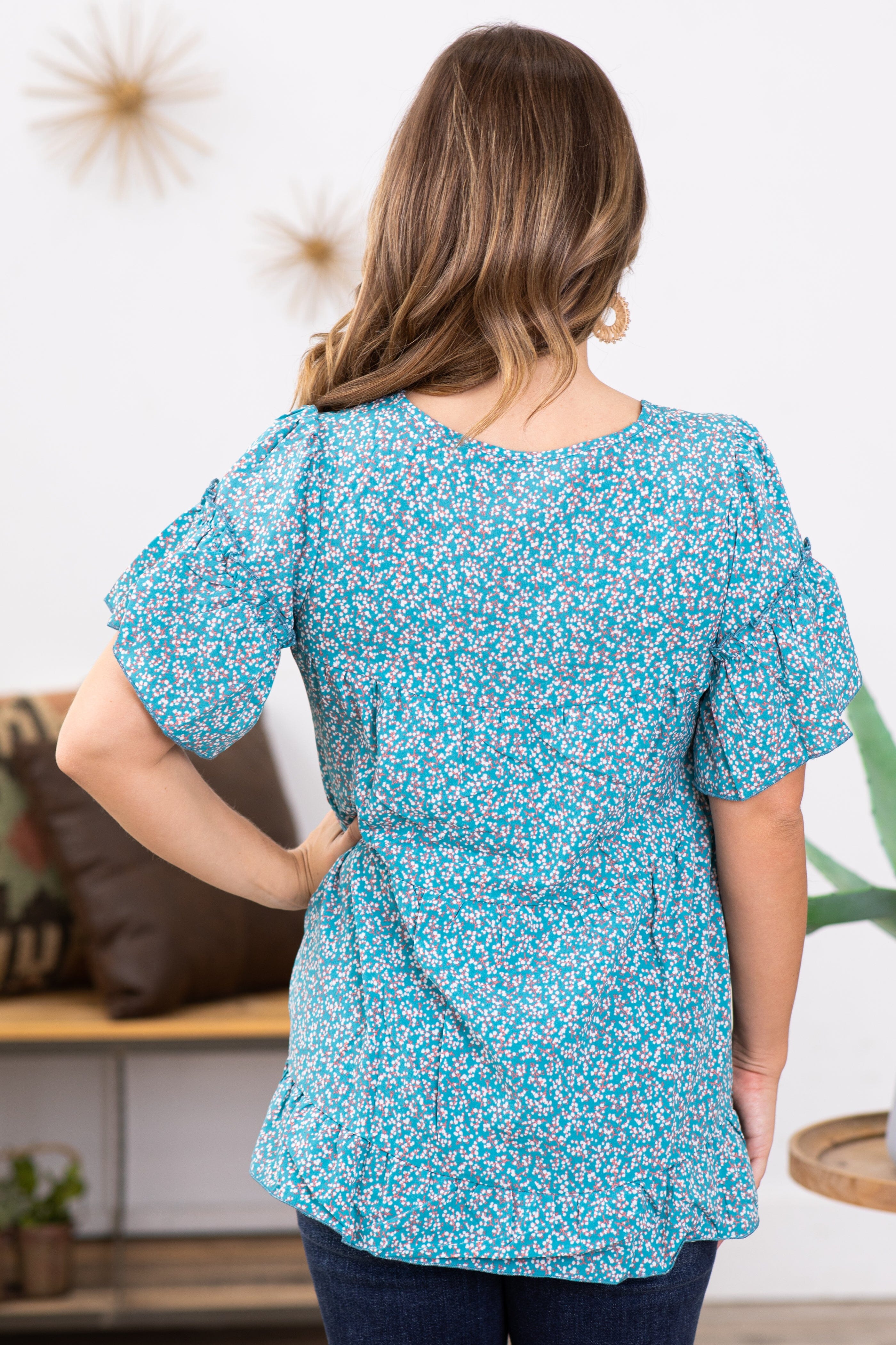 Teal and White Ditsy Floral Bell Sleeve Top