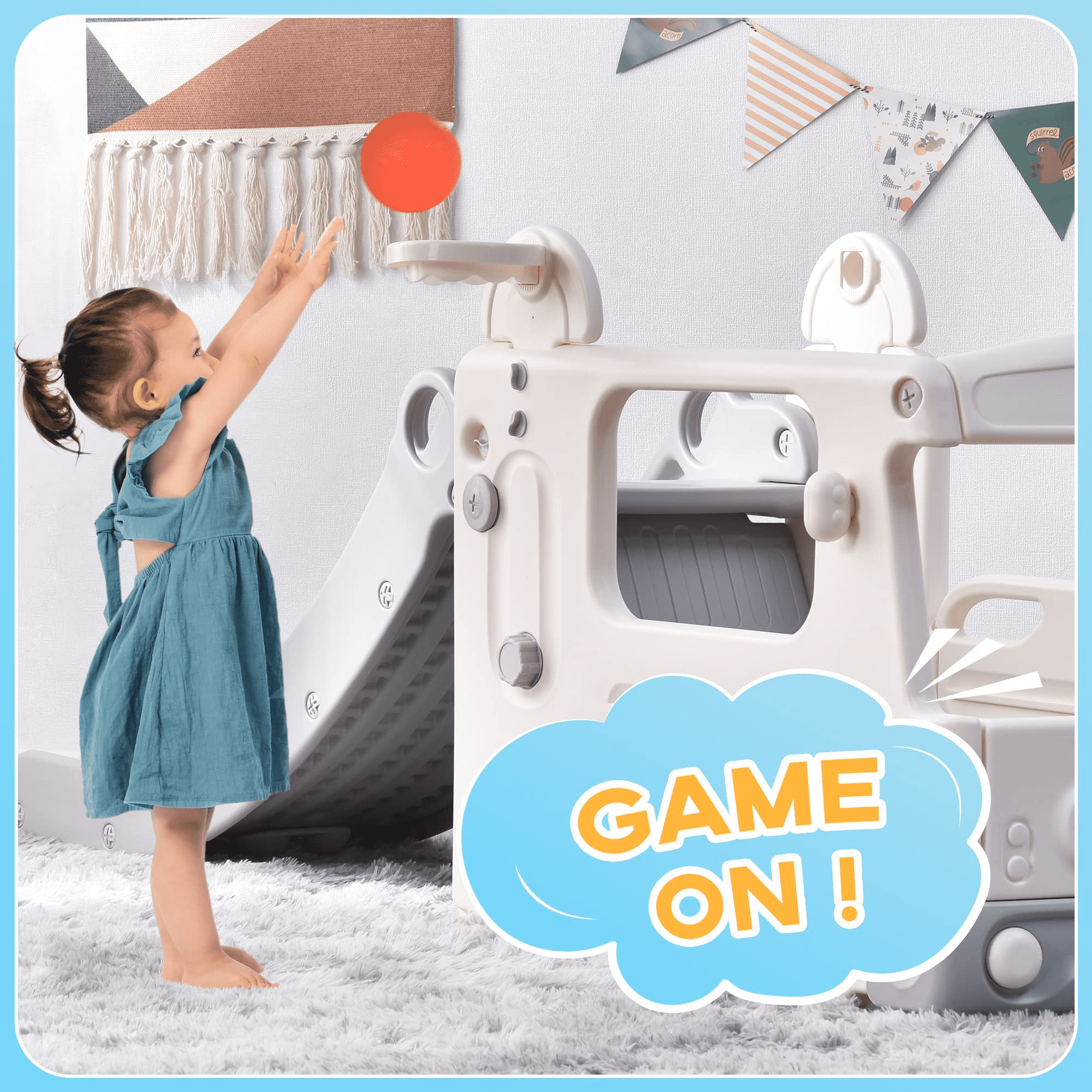 Kainsy 4-in-1 Baby Slide with Bus, Indoor Kids Slide with Basketball Hoop, Climber & Bus Playhouse, Outdoor Playground Slide for Toddler 1+ Playset, Gray and White