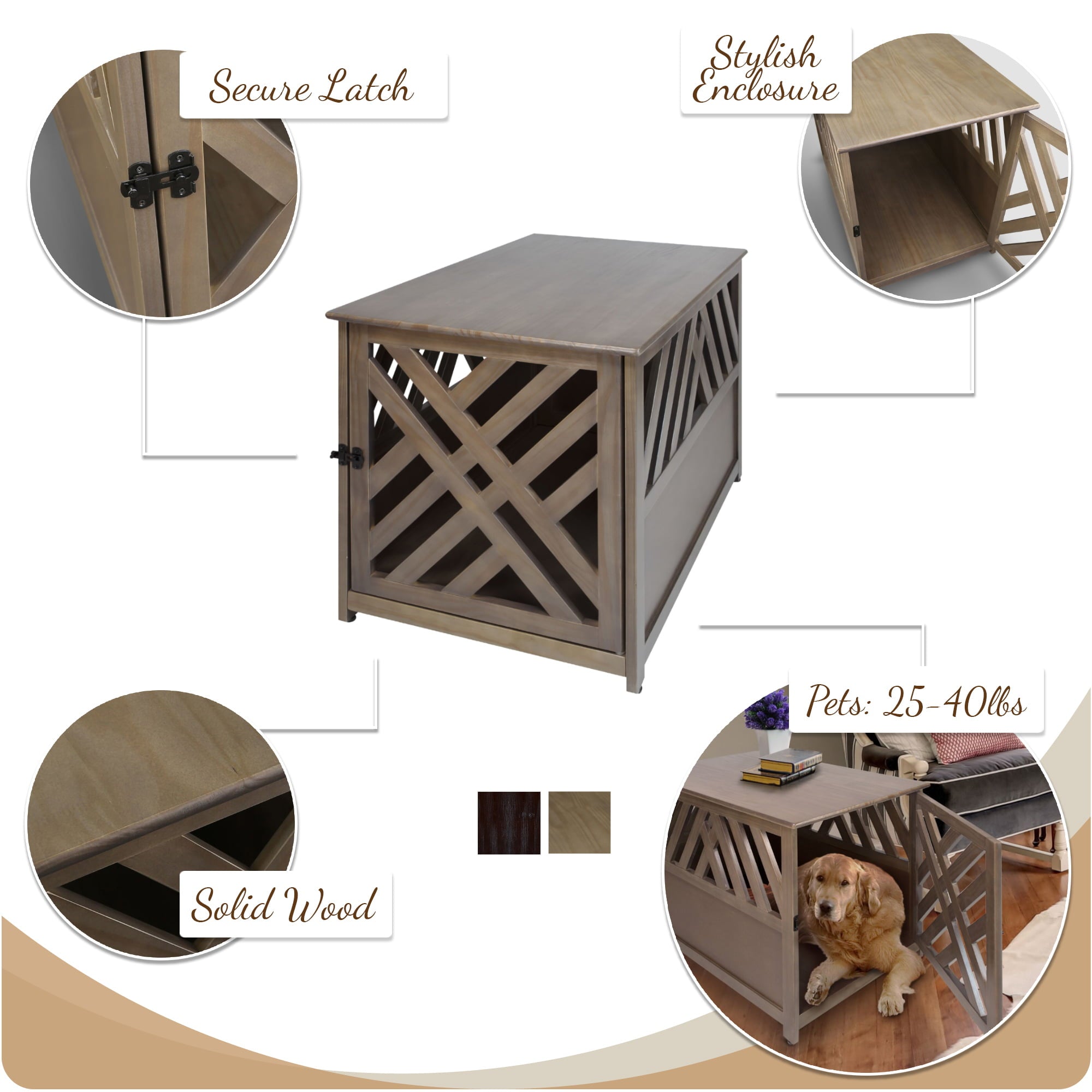 Casual Home Modern Lattice Wooden Pet Crate End Table， Espresso， Medium， 33