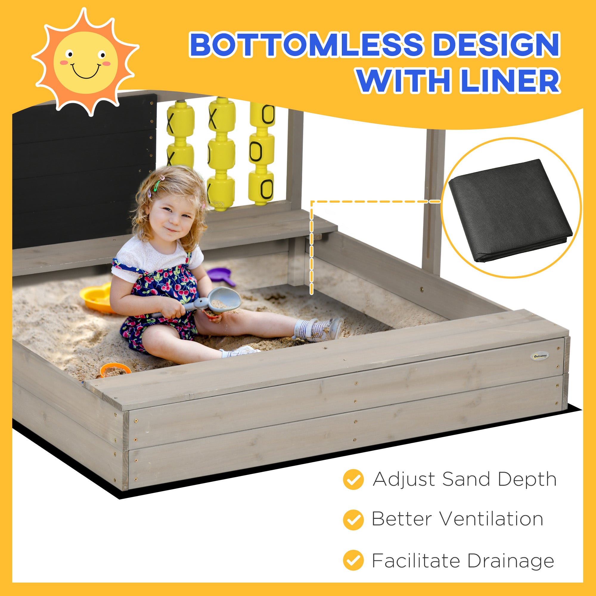 Outsunny Kids Sandbox with Canopy， Bench Seats Wooden Sand Pit， Backyard Toy with Chalkboard， Tic Tac Toe Game， Gift for Girls and Boys， Ages 3-7