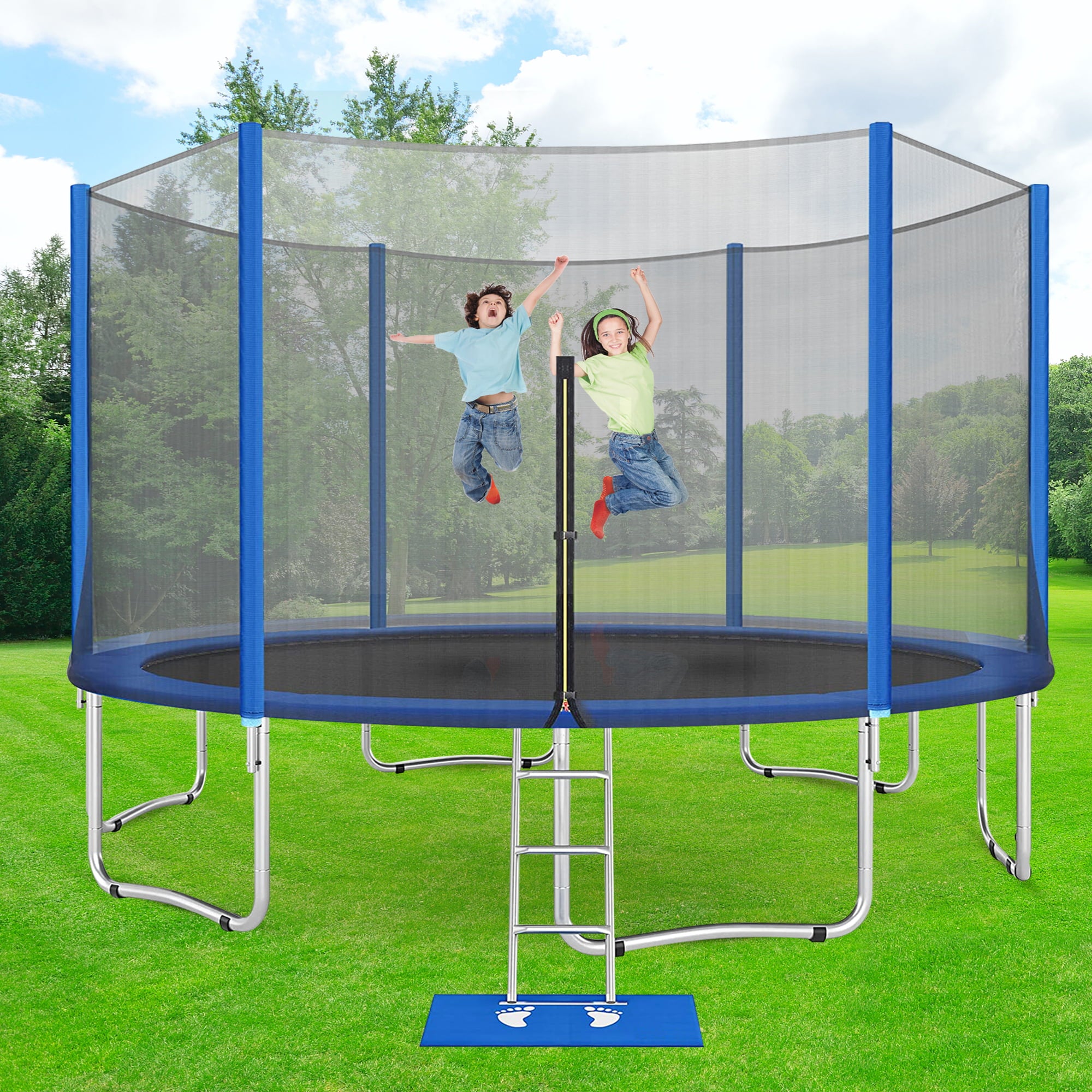 Trampoline ON SALES， Seizeen 15FT XL Trampoline for Kids - All-Weather Trampoline W/ Thickened Enclosure Net and Foot Pad， Outdoor Round Trampolines Bears 4-6 Kids， Blue