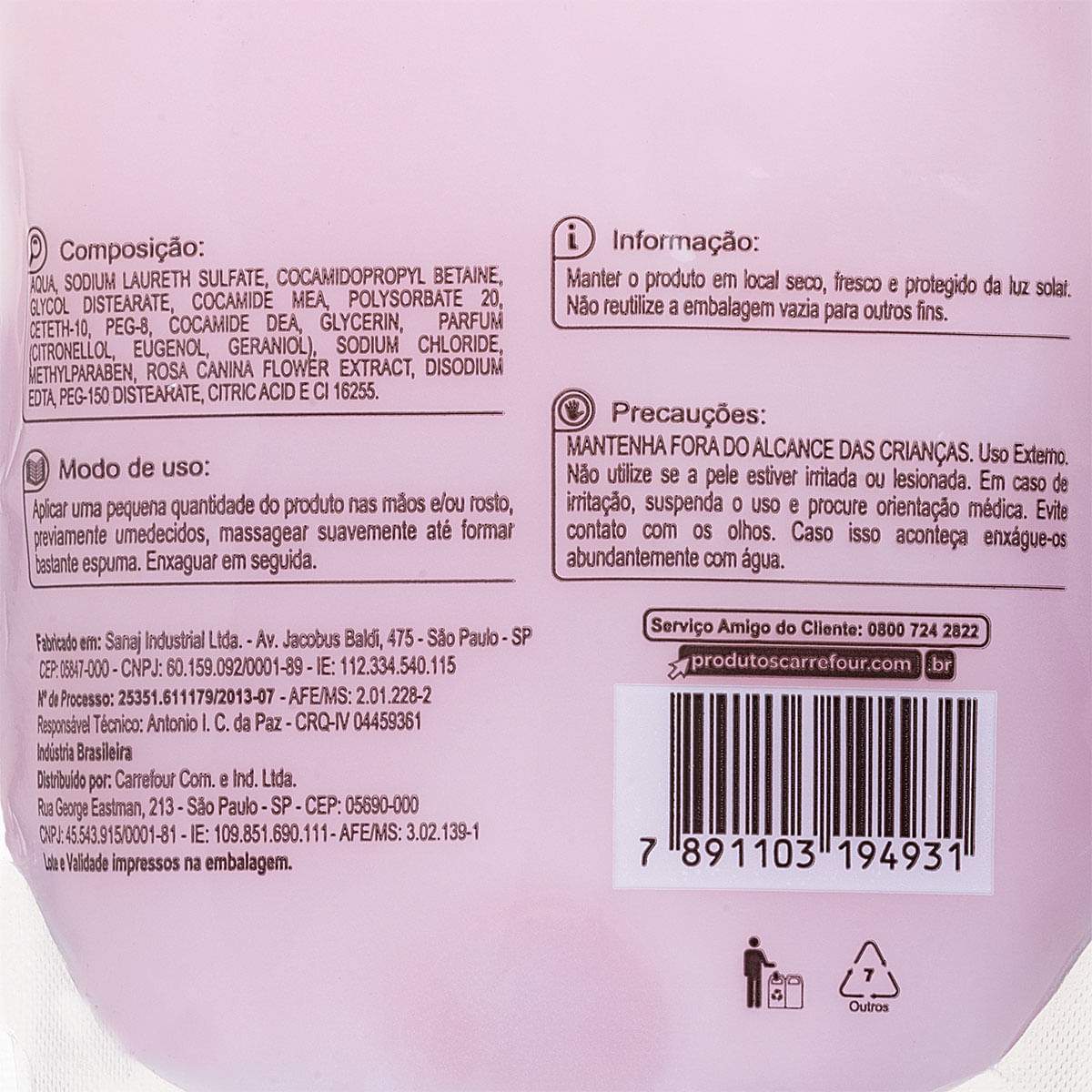 Sabonete Liquido Refil para as Maos e Rosto de Rosas Carrefour 350ml