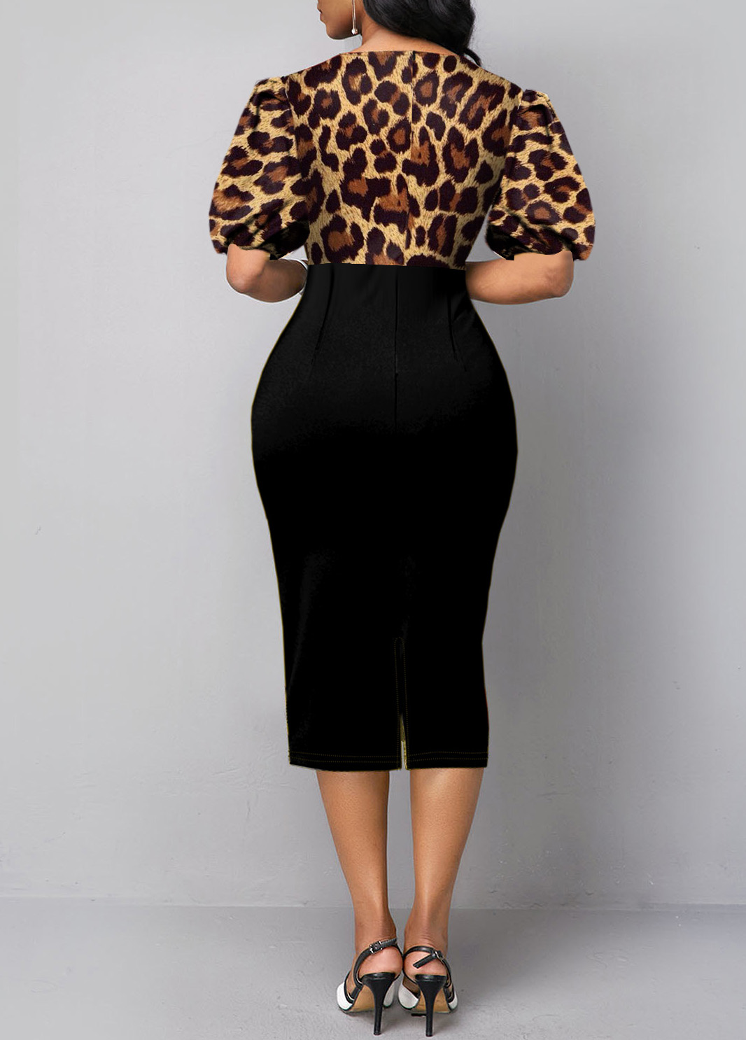 Puff Sleeve Bowknot Leopard Bodycon Dress