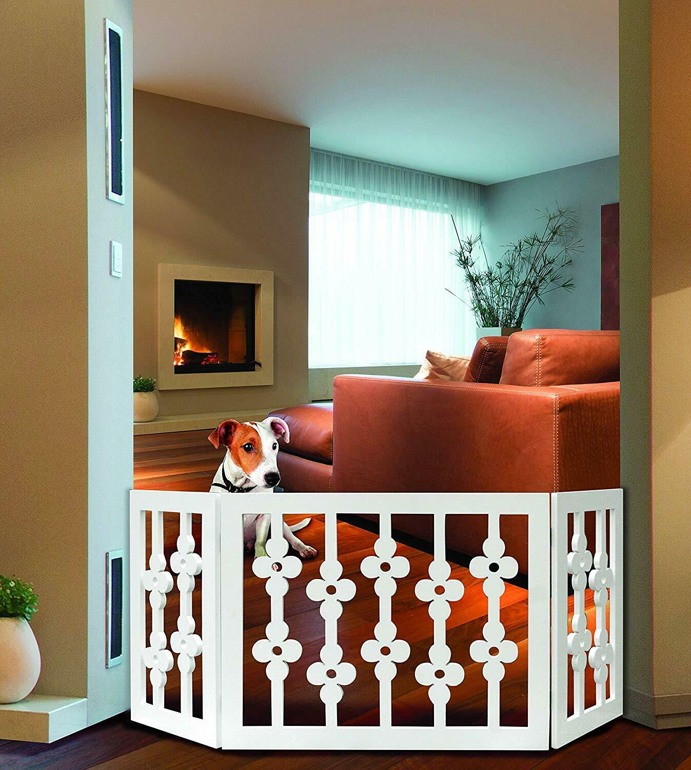 White Floral Wood Pet Dog Gate Foldable Adjustable 3-Section Freestanding Extra Wide. Keeps Pets Safe Indoors/Outdoors - Fully Assembled