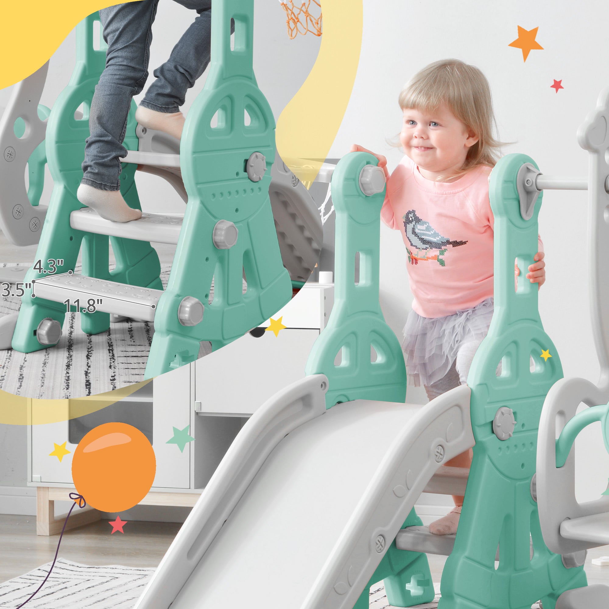 HDJ 3 In 1 Kids Slide and Climber Set with Basketball Hoop，Toddler Slide   Playset for Kids，Indoor Outdoor，Green