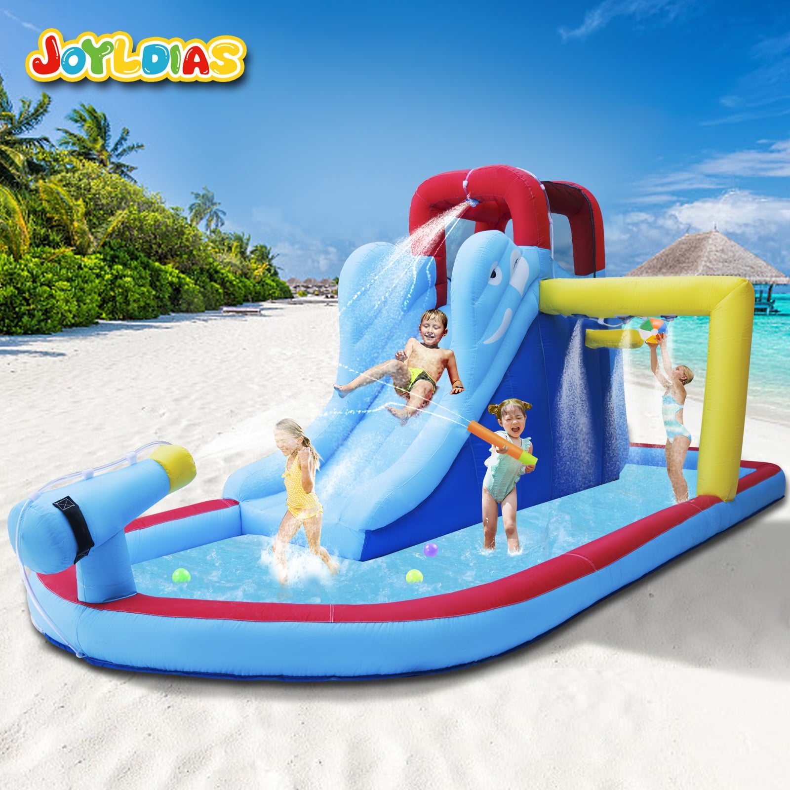 JOYLDIAS Kids Inflatable Bounce House Water Slide Bouncer Playhouse Castle with 3 Water Guns， Splash Pool， Climbing Wall， Basketball Hoop， Bag， Air Blower