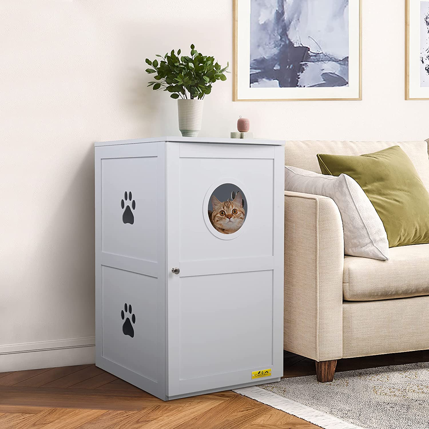 Coziwow 2-Story Cat Litter Box Enclosure Furniture Cat House Large Box Table， White