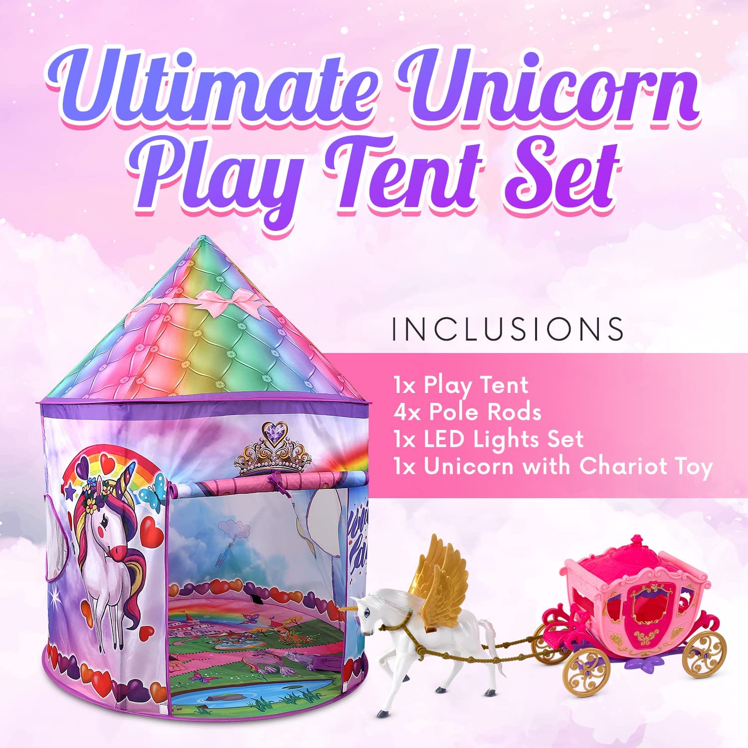Homeries Unicorn Kids Tent - Sturdy, Large Play Tent Castle Set with Unicorn Chariot Toy & 8 Modes of Mystical LED Lights