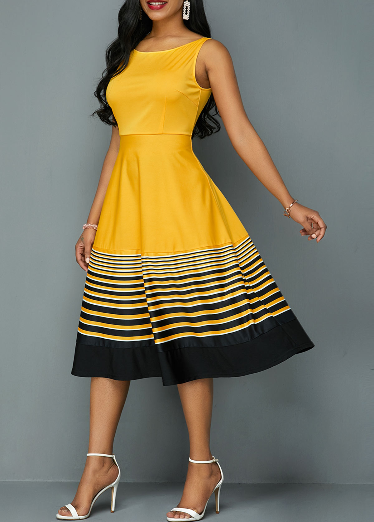 Round Neck Stripe Print High Waist Dress