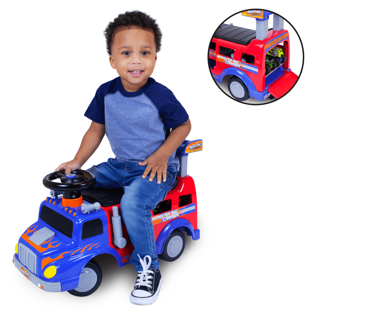 Ride On Toy Adventure Force Monster Rig Carrier Transportation Ride on for Kids 1-3 Years Old， Supports up to 44lbs