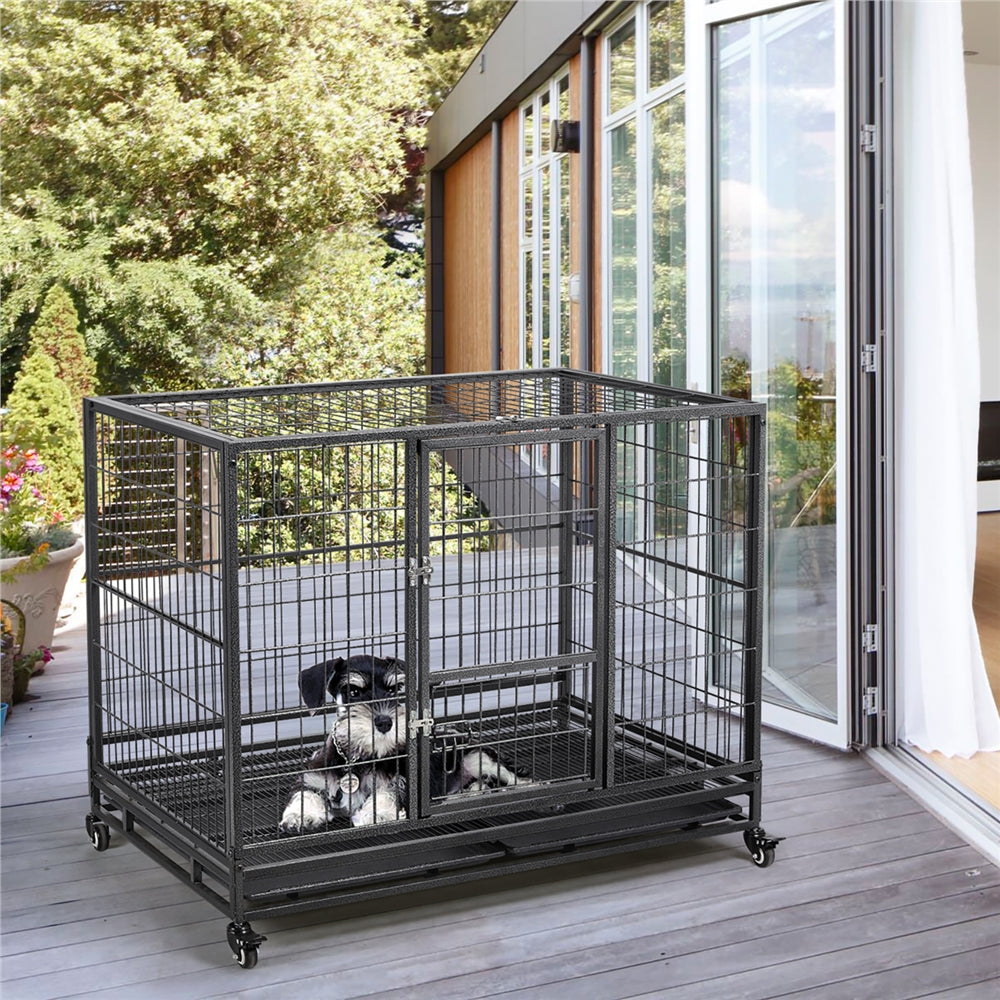Yaheetech L43.5xW28.5xH35'' Rolling Dog Crate Metal Dog Cage with Wheels and Litter Pans For Medium/Large Dogs， Black