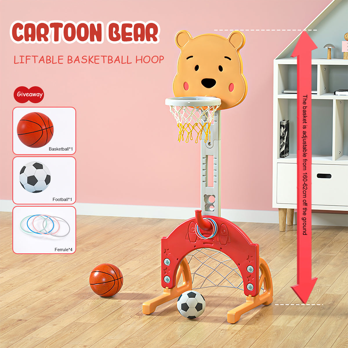Basketball Hoop for Kids， CASEMIOL Toddler Sports Activity Center with Adjustable Height， Basketball Soccer Golf Game Set， Indoor Outdoor Basketball Hoop Set Best Gift for Baby