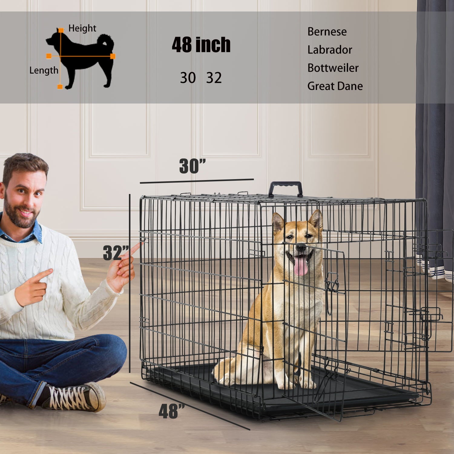Large Dog Crate for Large Dogs，48 inch Dog Cage with Divider and Double Door for large Medium Small Dogs ，Indoor Outdoor Folding Wire Pet Dog Kennel with Tray and Handle，Black