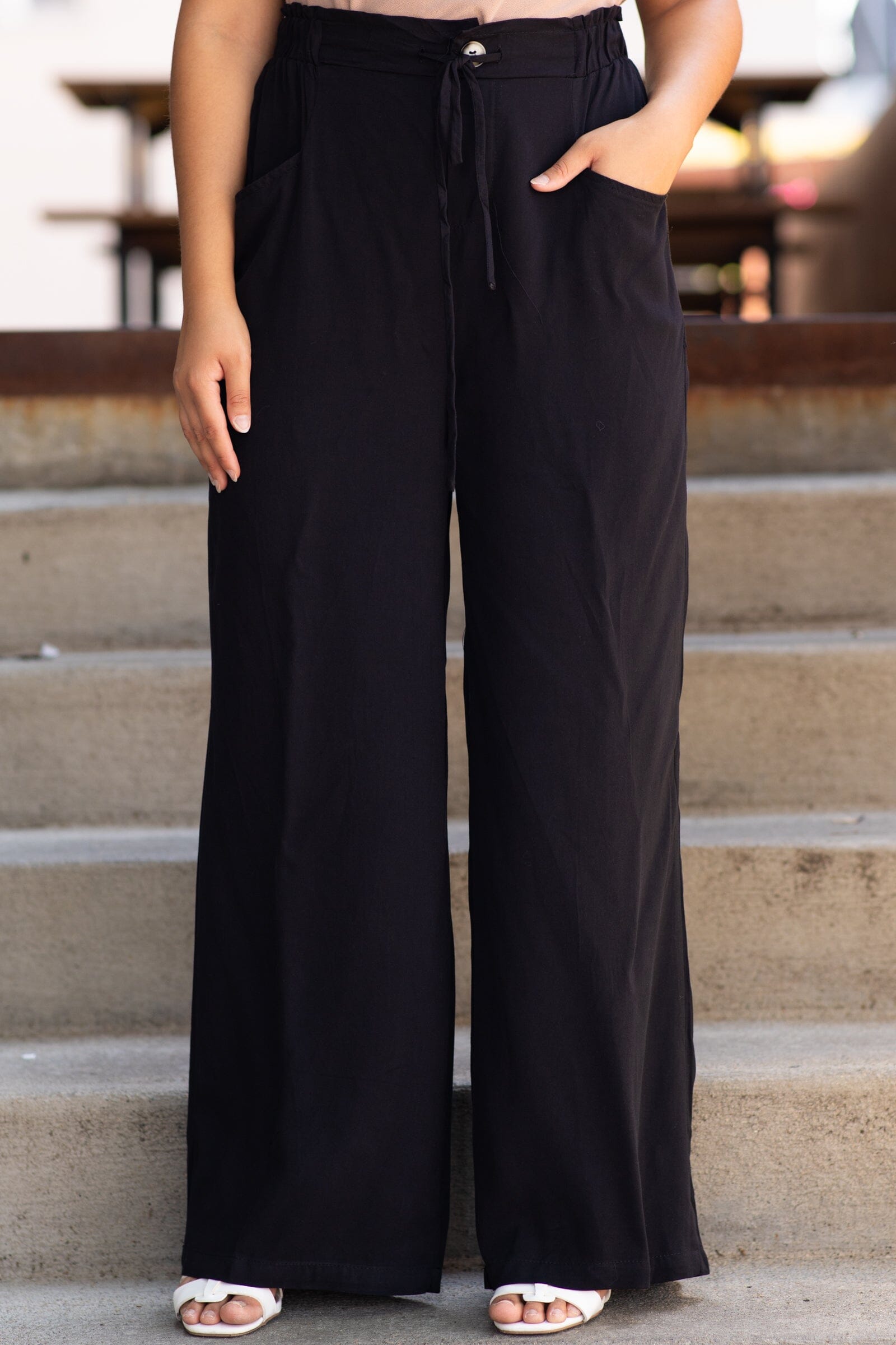 Black Elastic Waist Wide Leg Pants