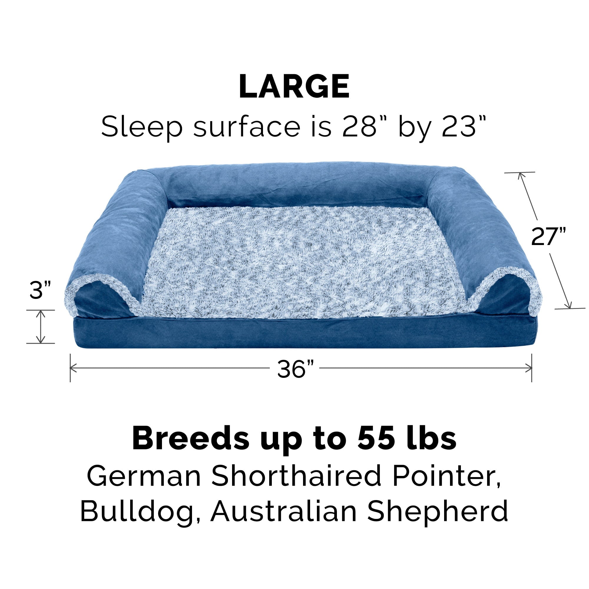 FurHaven Pet Products | Cooling Gel Memory Foam Orthopedic Two-Tone Faux Fur and Suede Sofa-Style Couch Pet Bed for Dogs and Cats， Marine Blue， Large