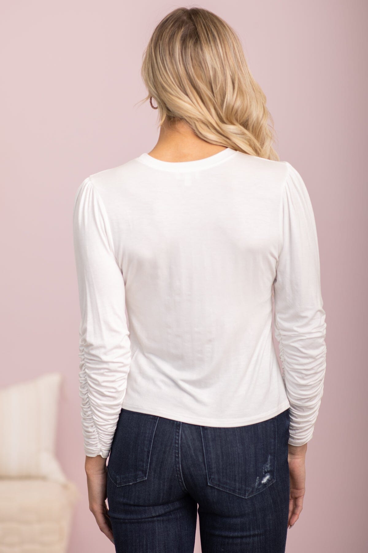 Off White Ruched Sleeve Detail Top
