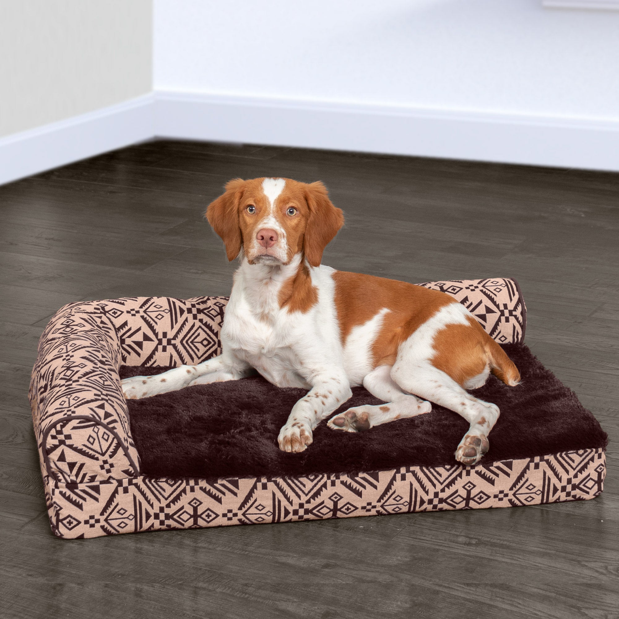 FurHaven | Deluxe Memory Foam Southwest Kilim L-Chaise Lounge Pet Bed for Dogs and Cats， Desert Brown， Medium