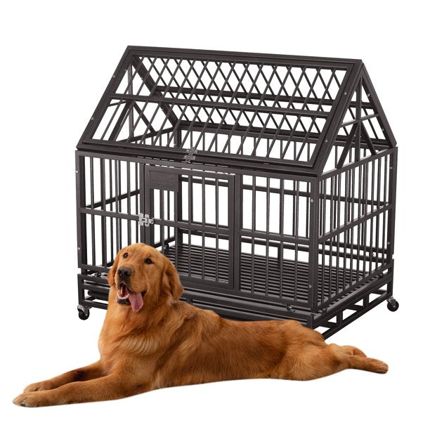 Ainfox 42 inch Heavy Duty Dog Crate， Indestructible Dog Crates for Medium Dogs， Escape Proof Dog cage Kennel with Lockable Wheels， for Home， IndoorandOutdoor (Round Tube-Brown)