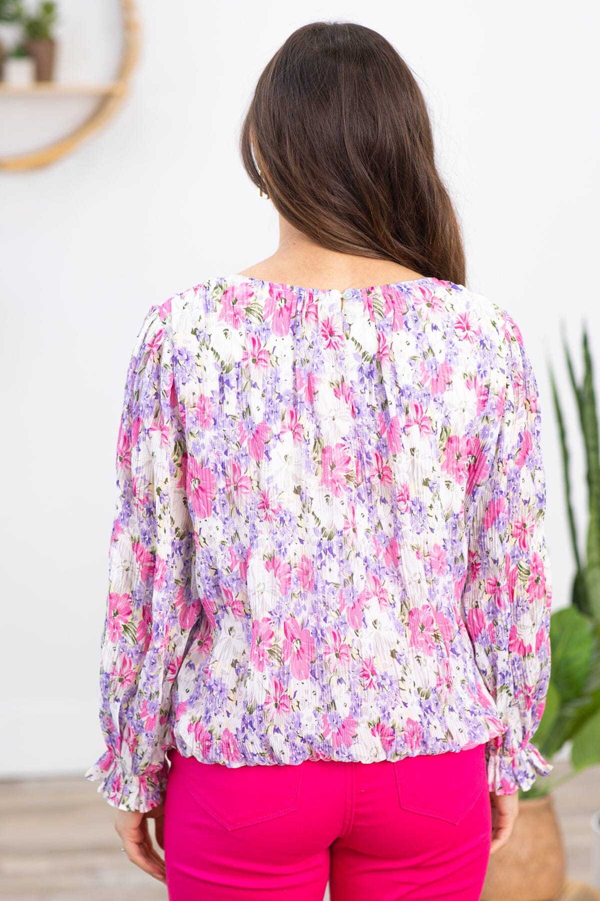 Hot Pink and Lavender Pleated Floral Print Top